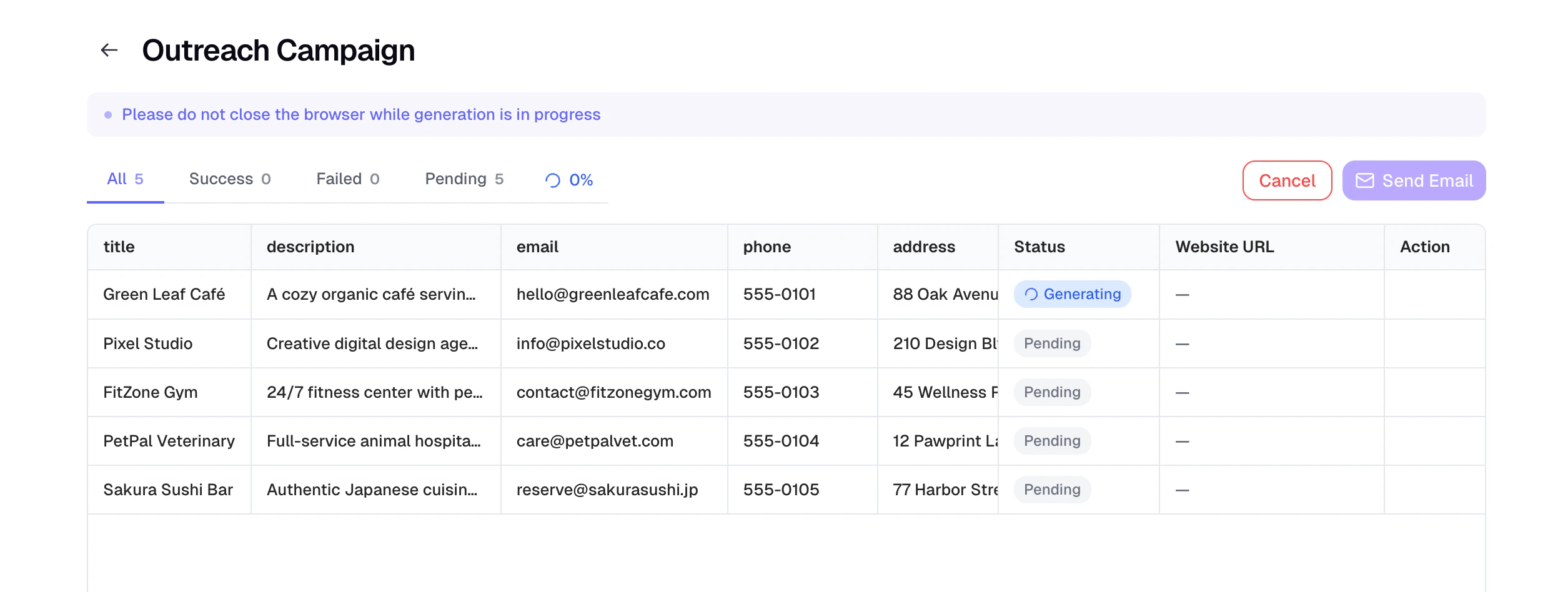 Generation progress page showing row statuses