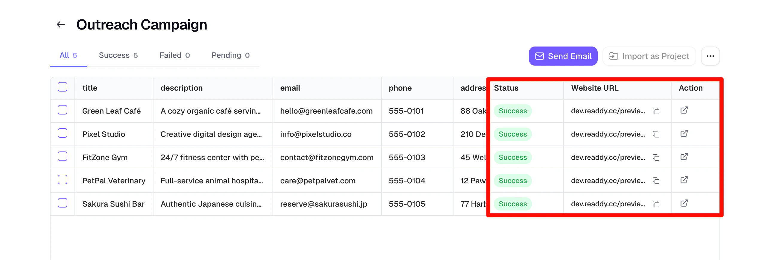 Generation results page with action buttons