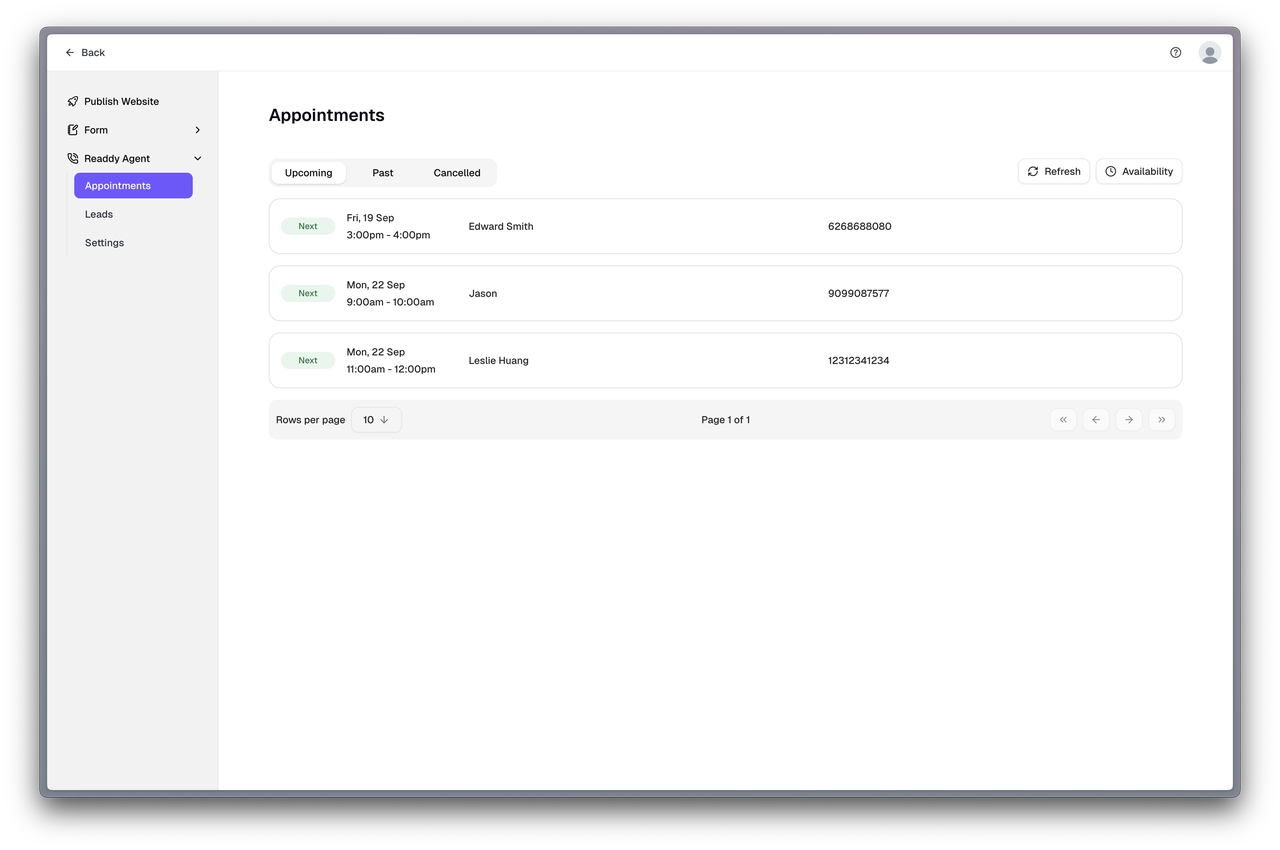 When visitors make appointments successfully, the page will list your upcoming appointments.