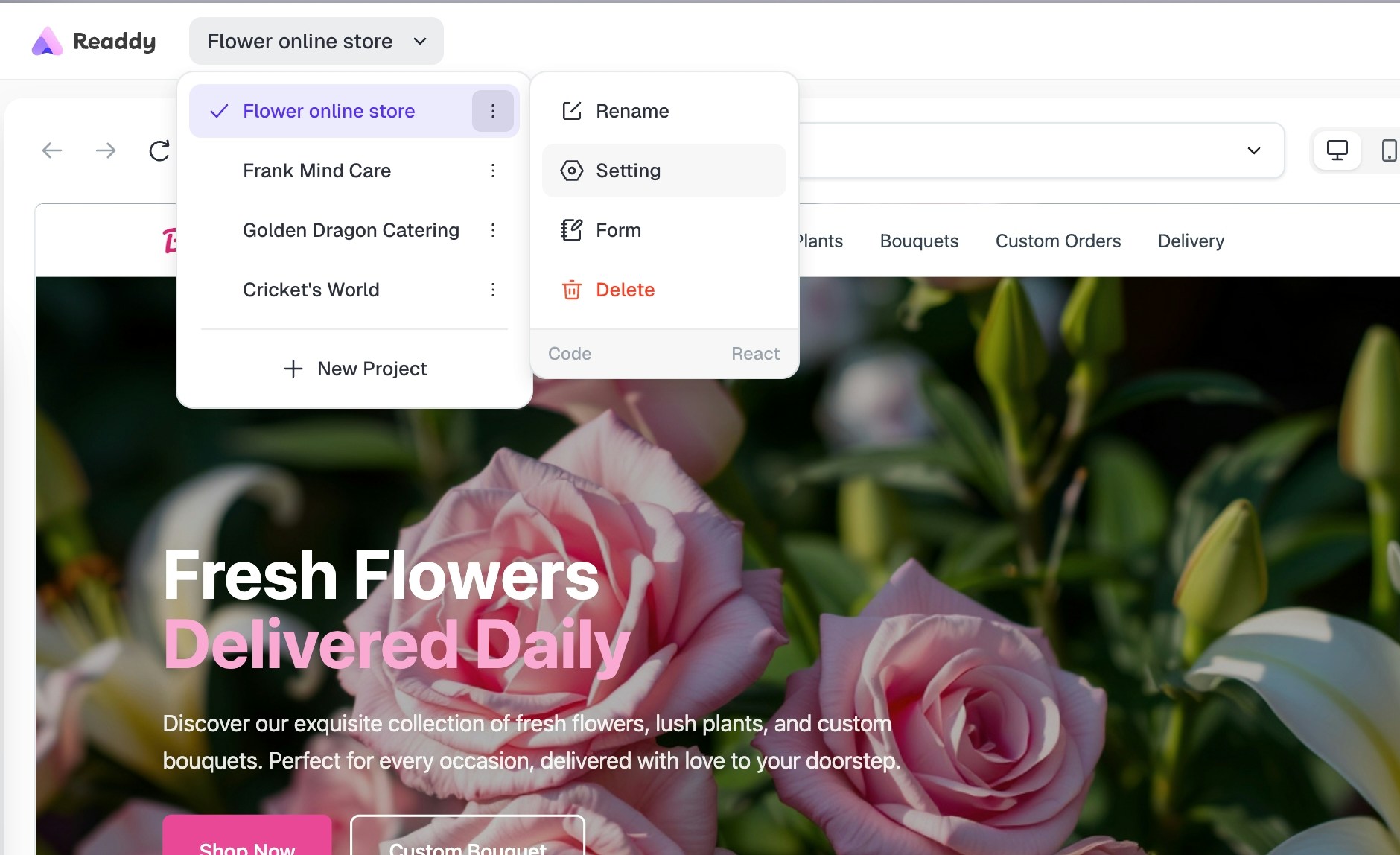 Access "Project Setting" from Project List Click on the project dropdown, select more, and direct to "Setting"