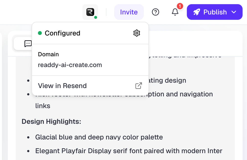 Resend status indicator and dropdown menu in the TopBar