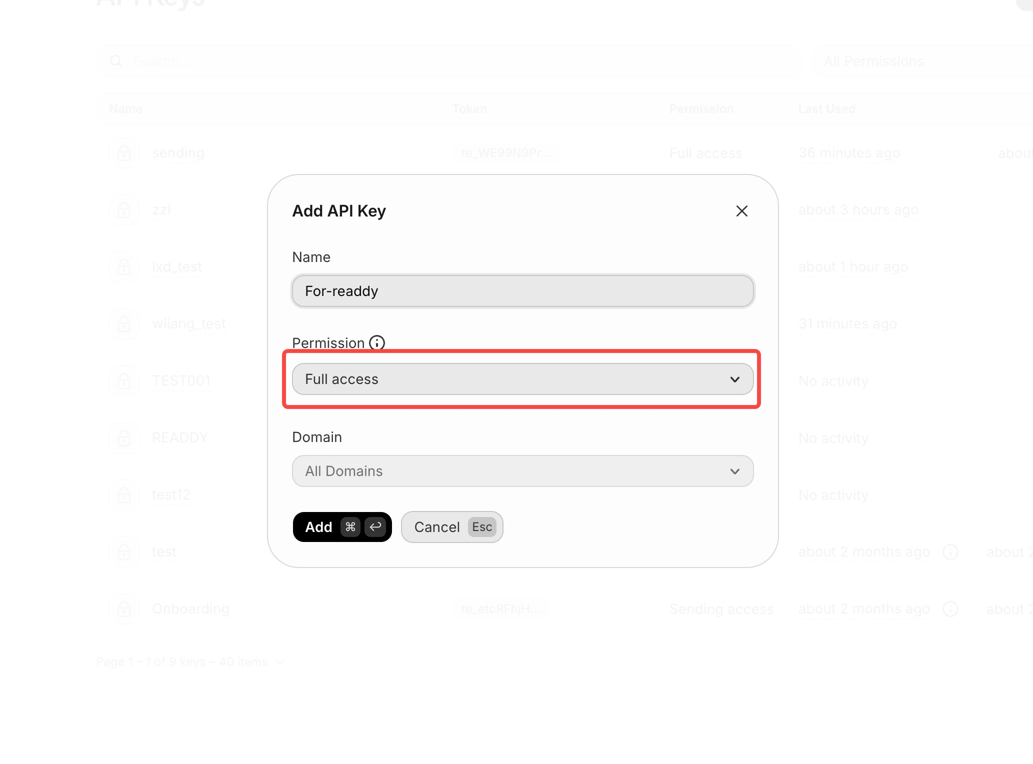 Resend Console API Key creation page