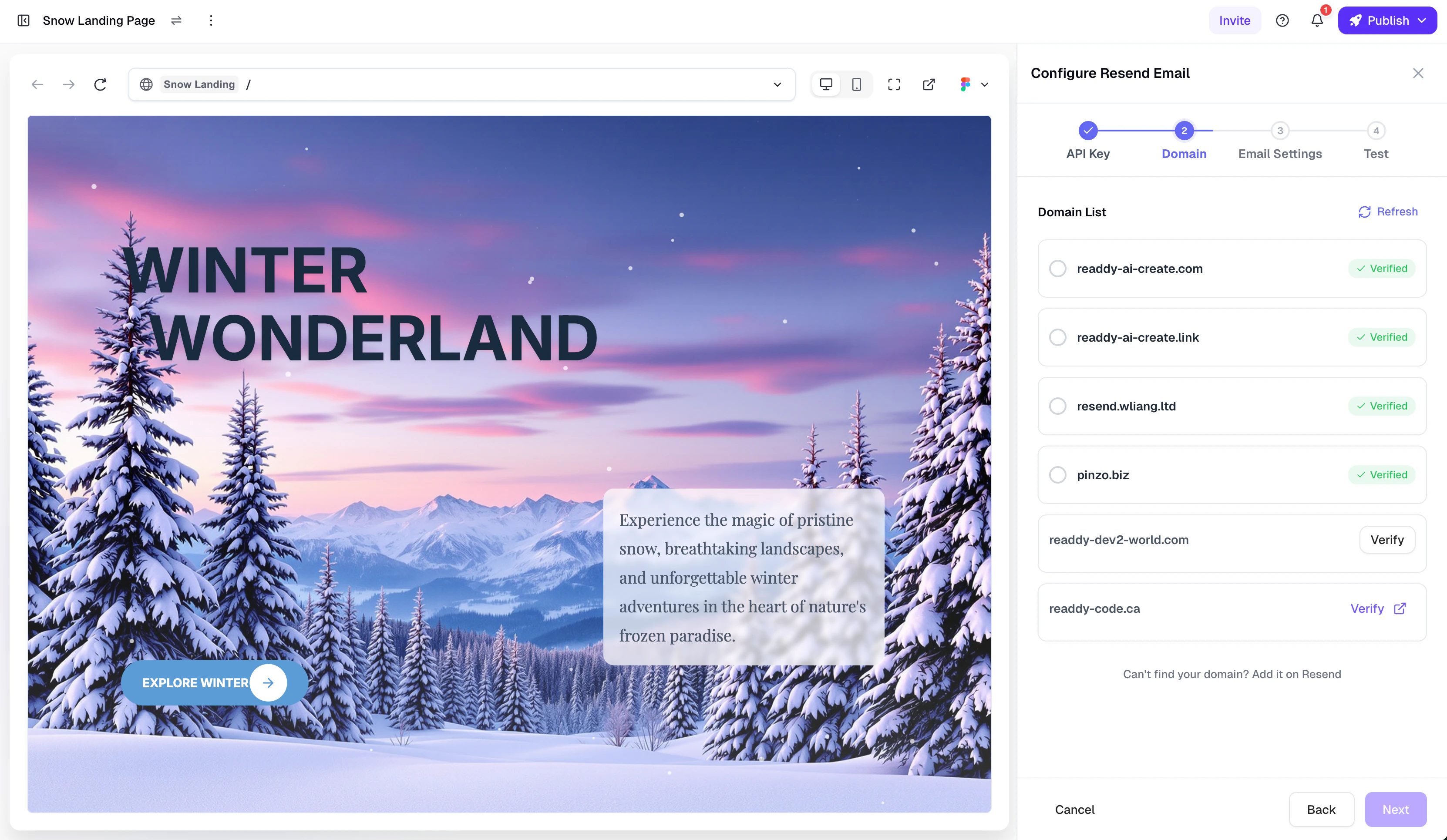 Domain selection list showing verified and unverified domains