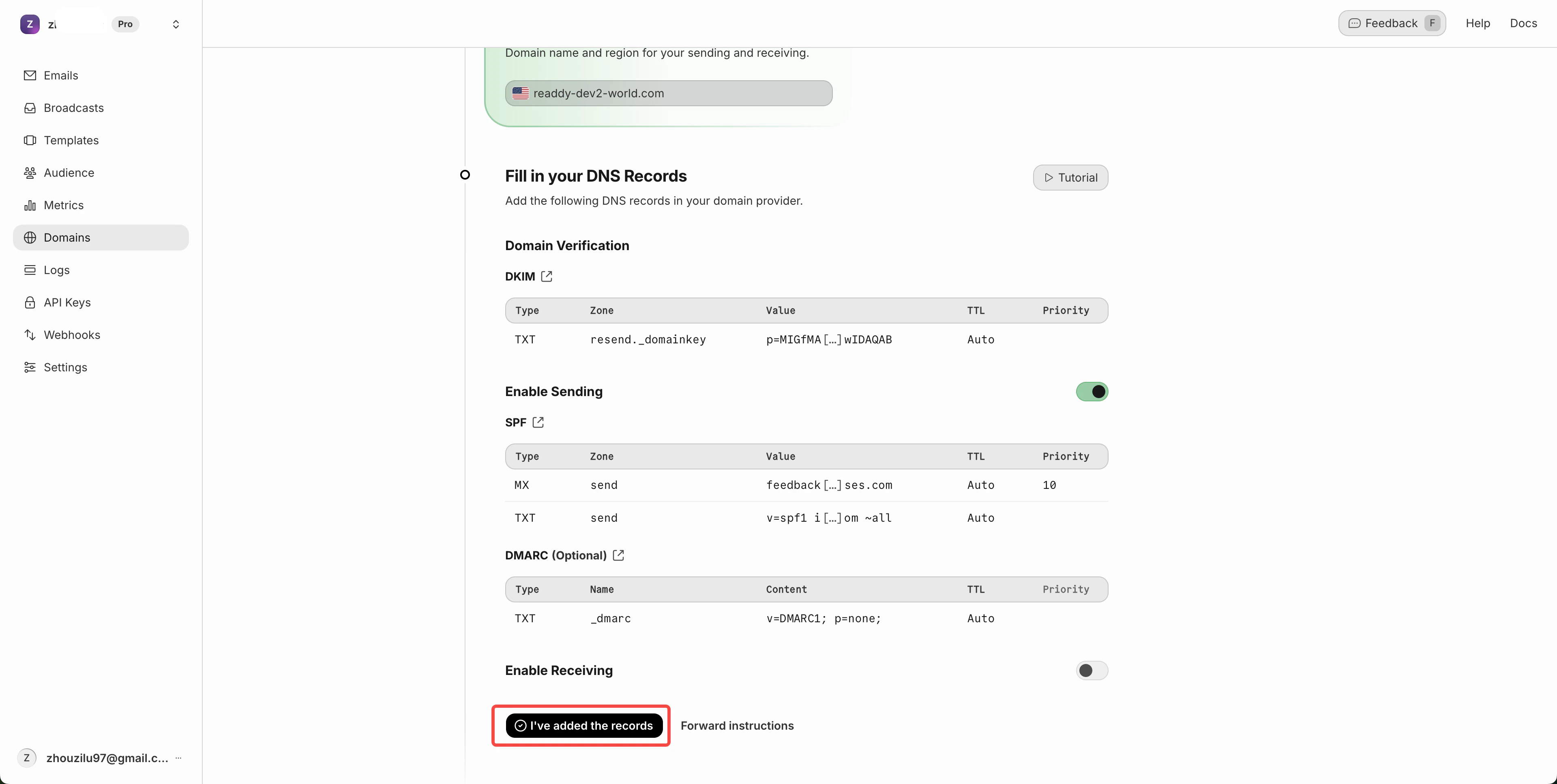 Resend DNS Records page