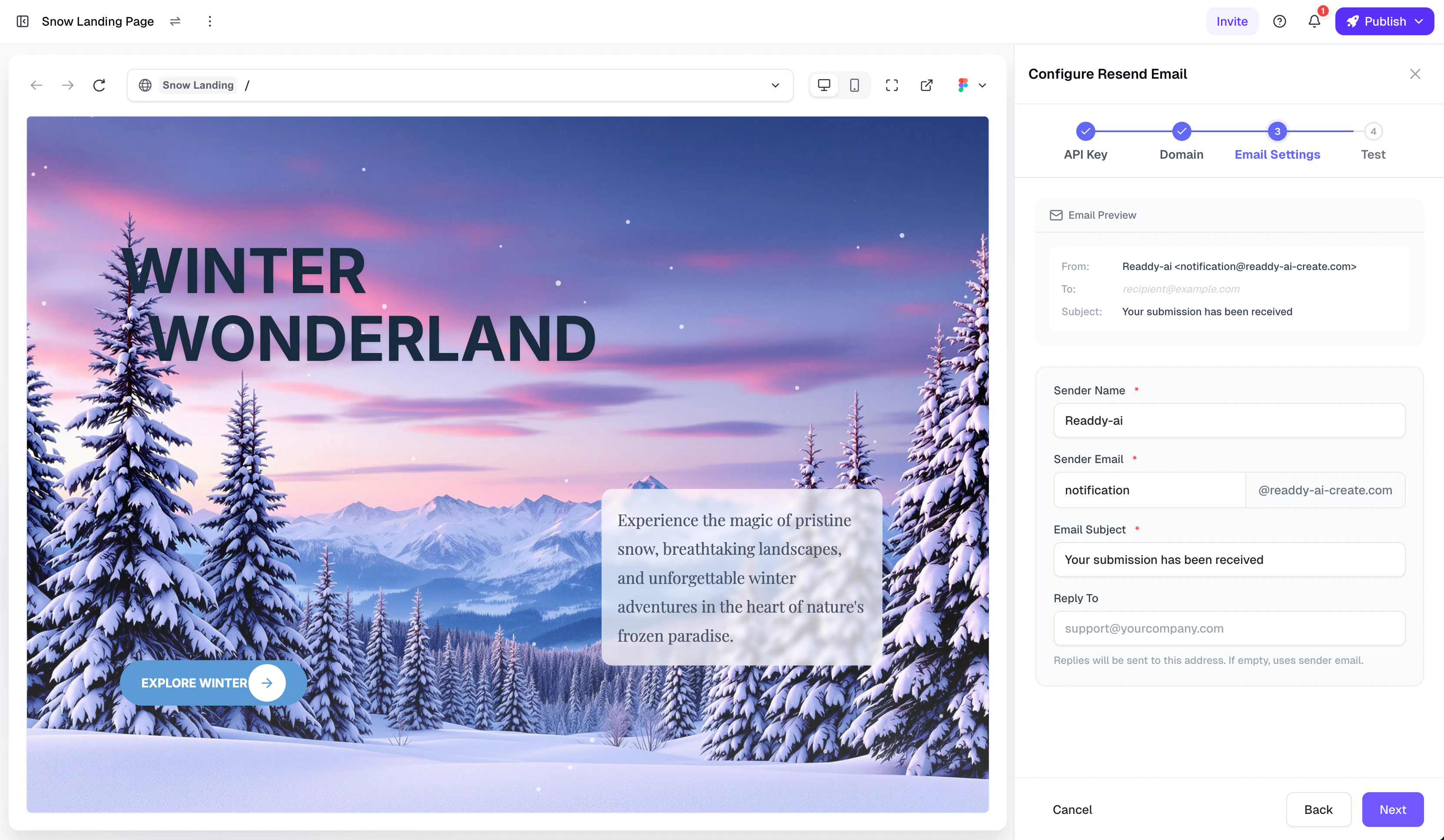 Email configuration page with real-time preview