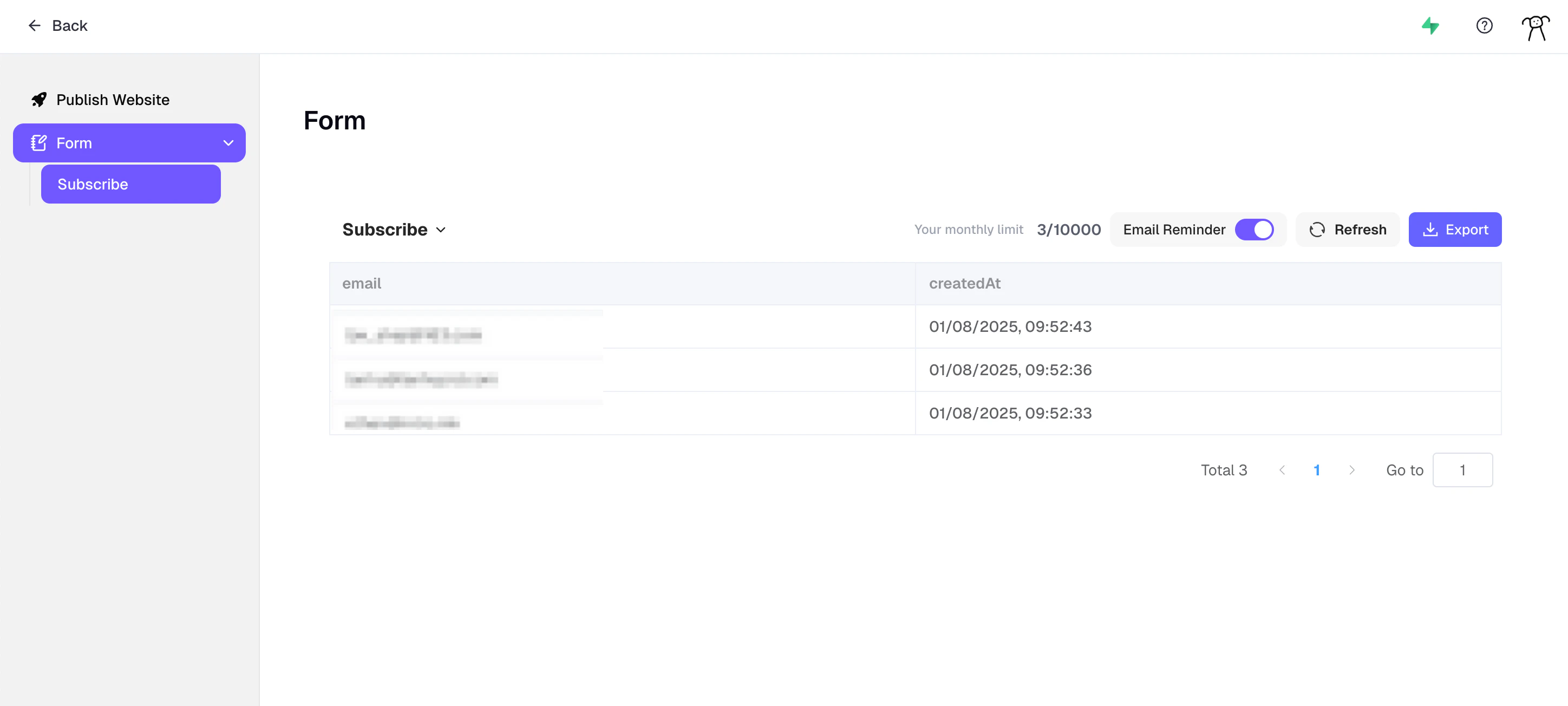 Form submission settings interface