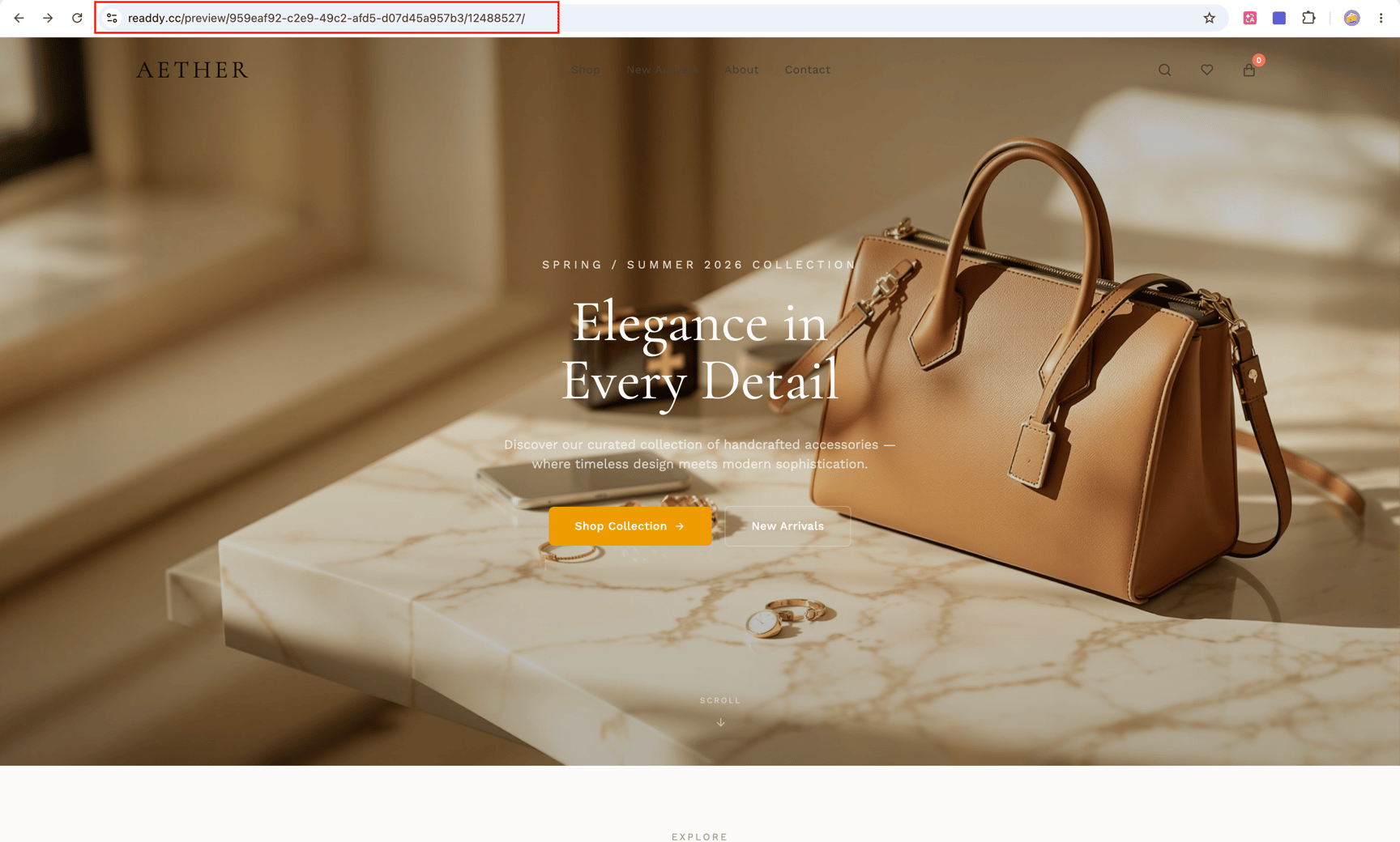 Readdy preview URL in the browser address bar