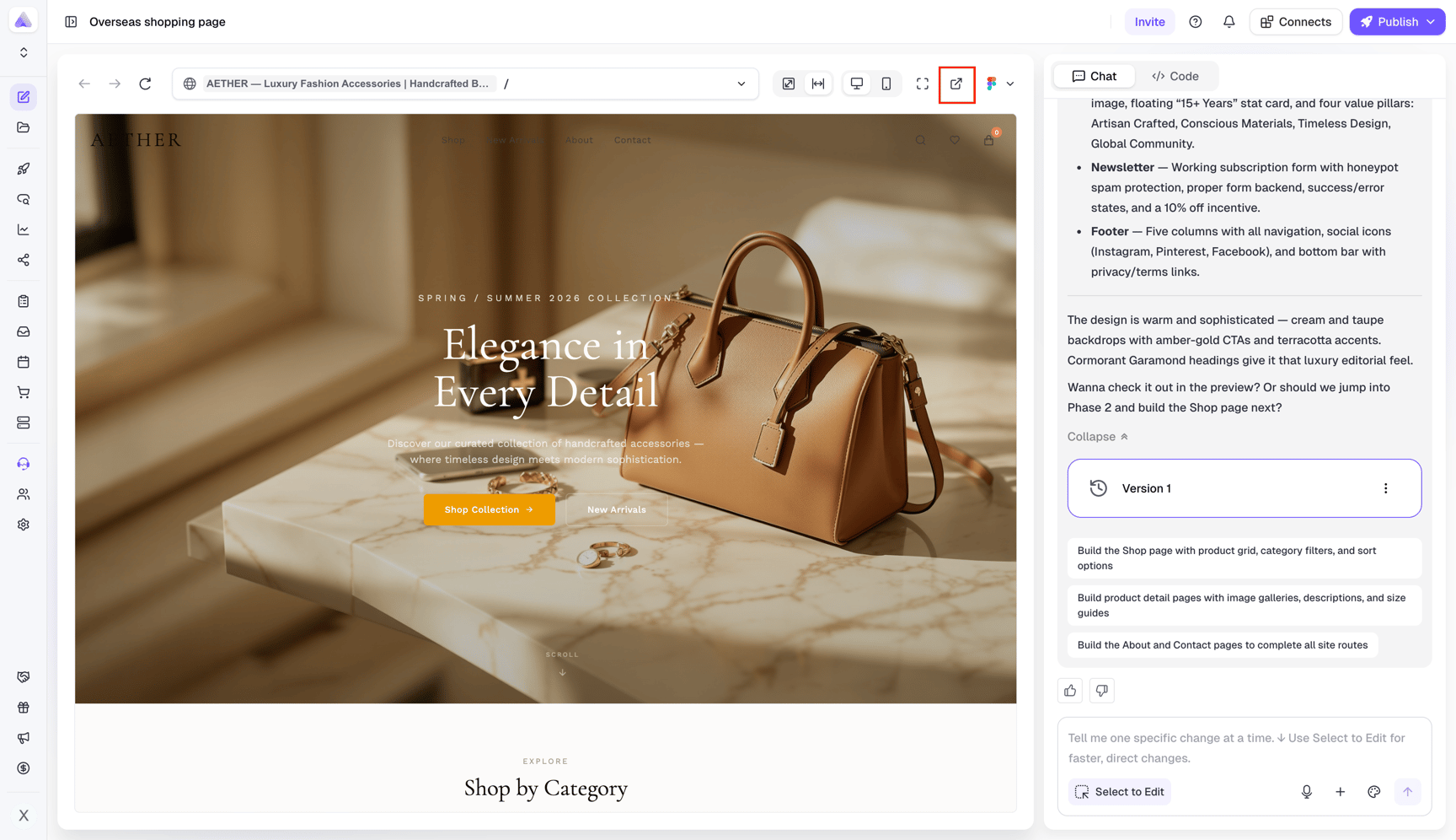 Open preview in a new browser tab from a Readdy project