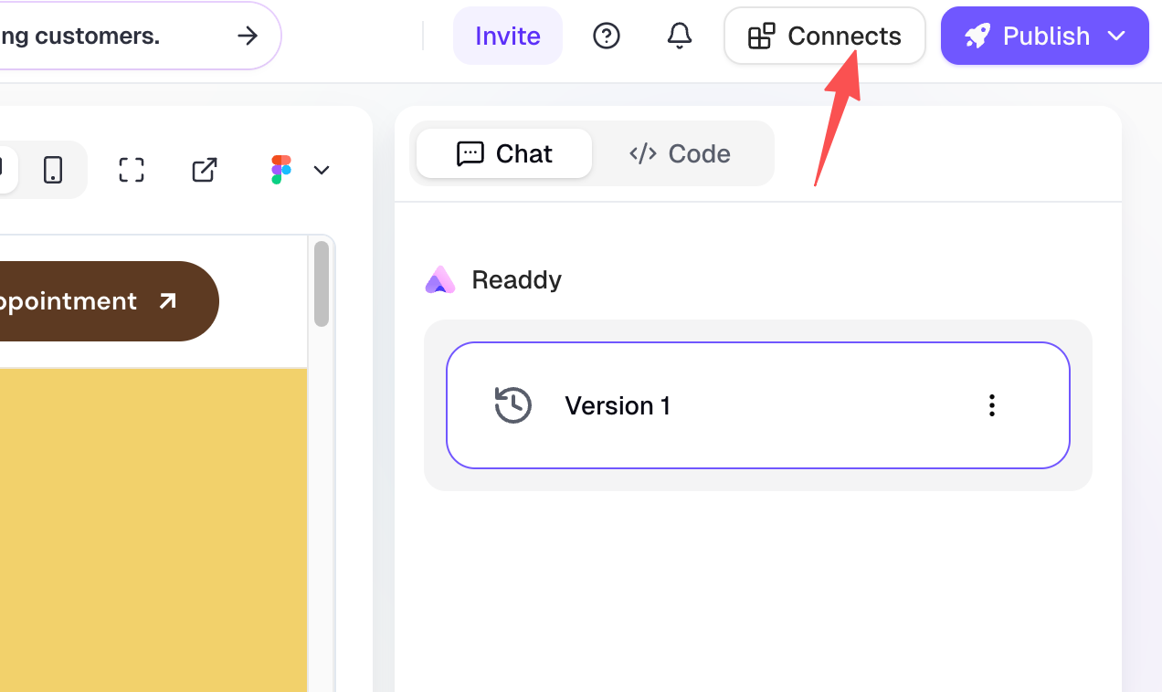 Connects button at the top of the Readdy editor