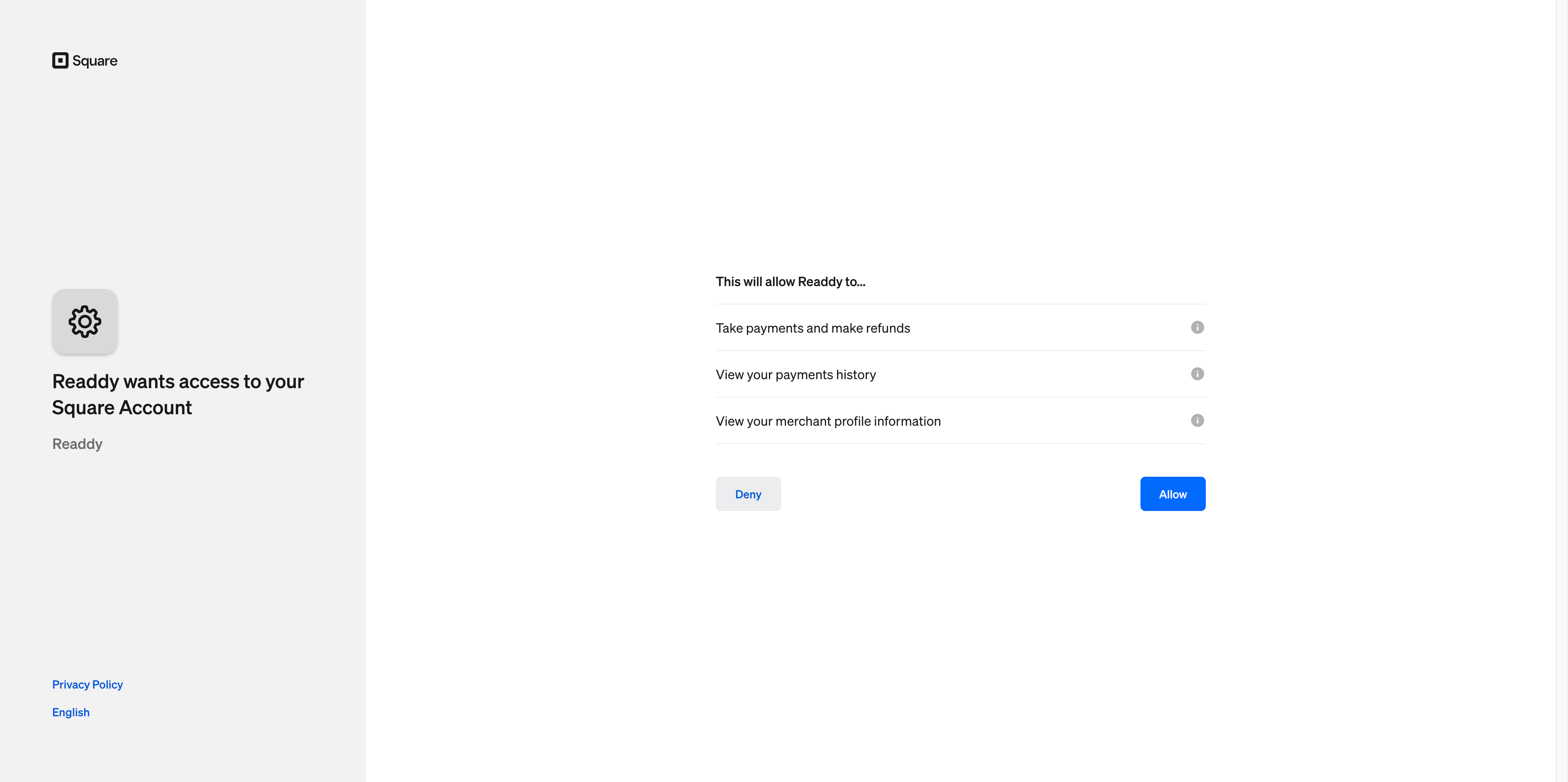 Square authorization page requesting Readdy access