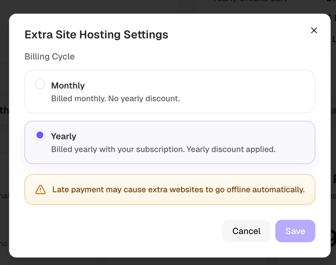 Extra Site Hosting Settings modal showing Monthly and Yearly billing cycle options