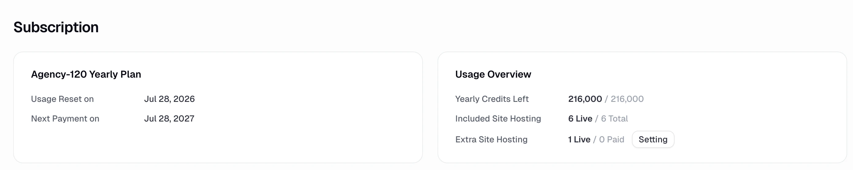 Subscription page showing Included Site Hosting as Live and Total, and Extra Site Hosting as Live and Paid