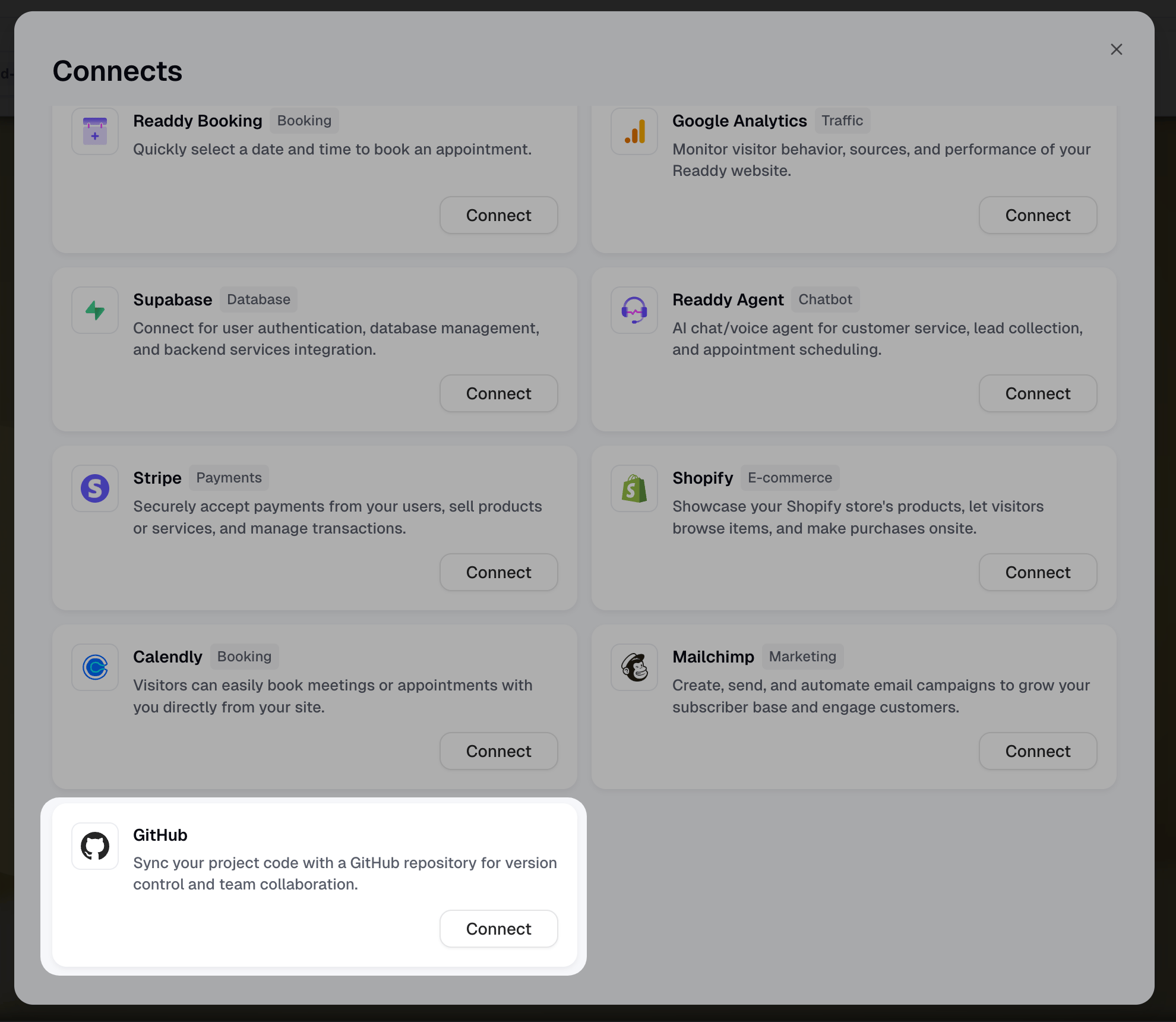 GitHub in the Connects panel