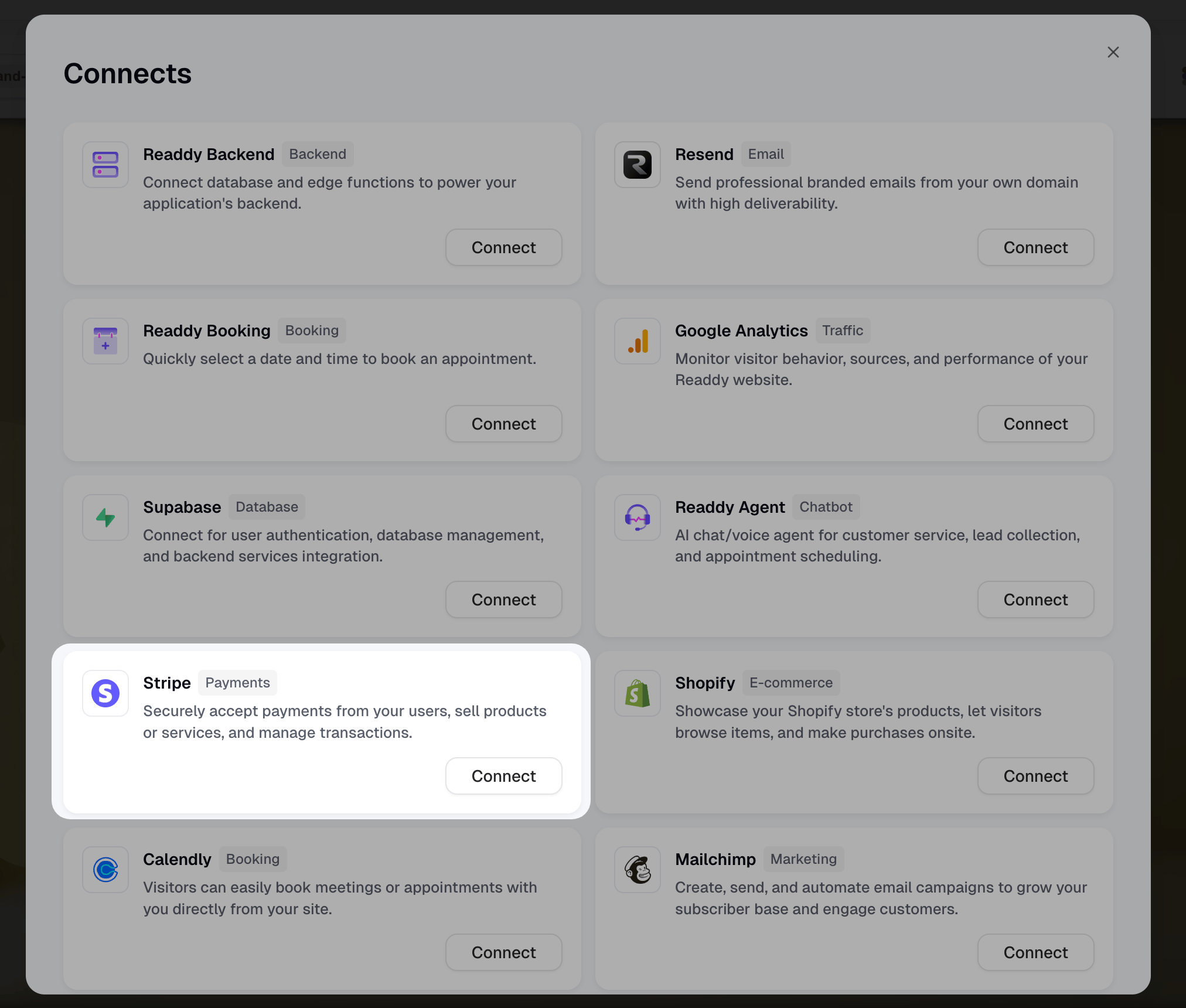 Stripe in the Connects panel
