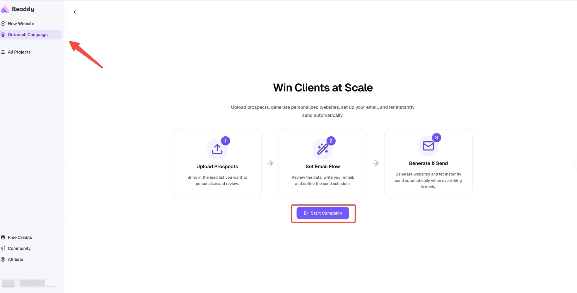 Outreach Campaign landing page with Start Campaign button