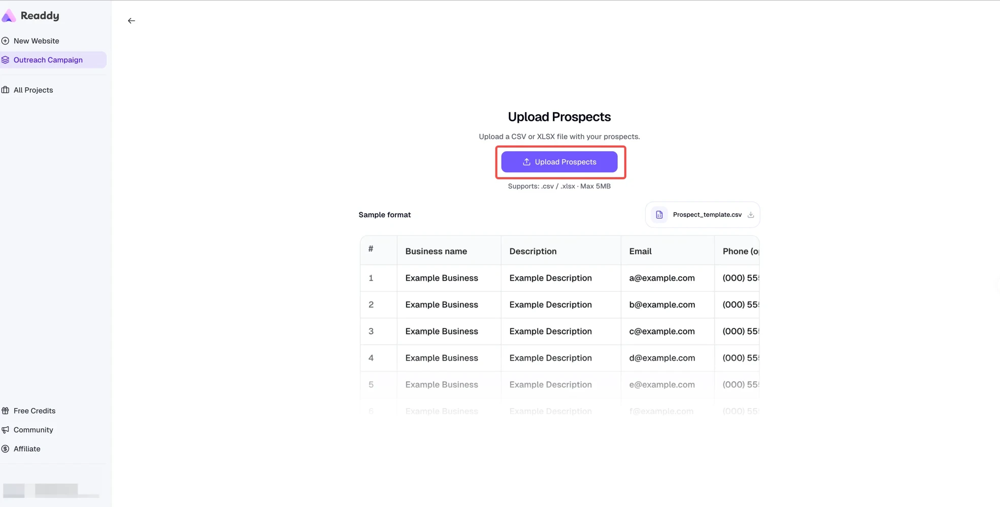 Upload Prospects page with upload button and template preview