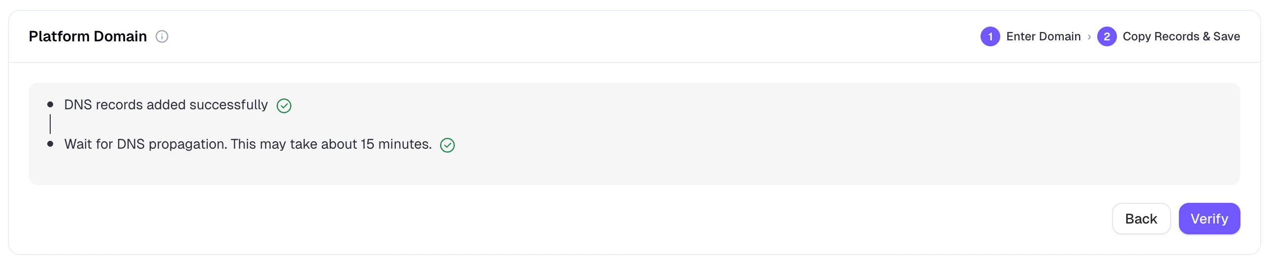 Platform Domain setup showing the CNAME record to add in DNS