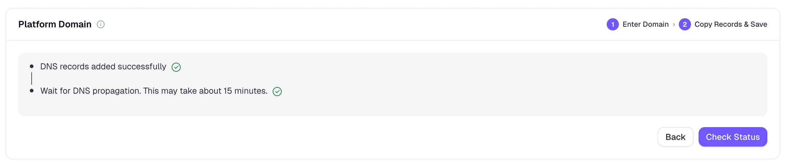 Platform Domain verification step showing the Verify action after DNS checks
