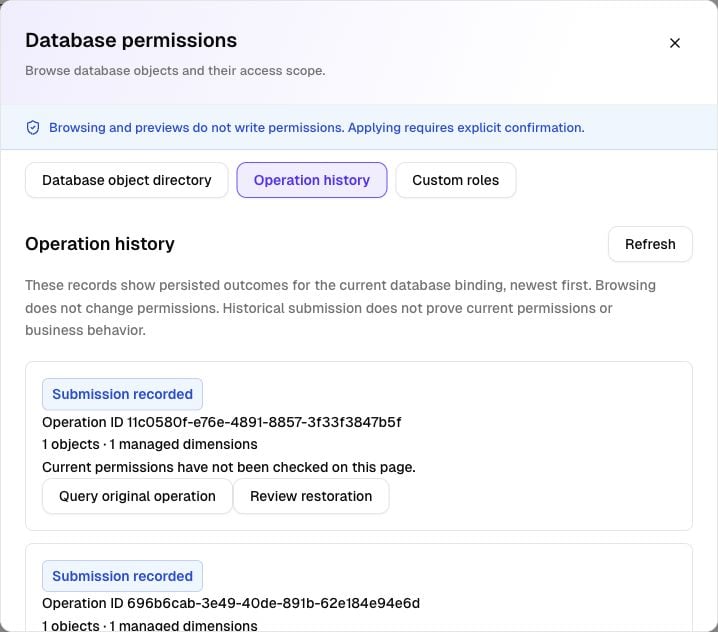 Permission operation history with query and restoration actions