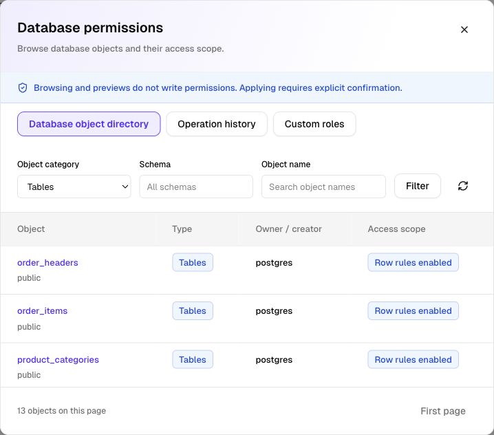Database permission directory with object category, schema, and name filters