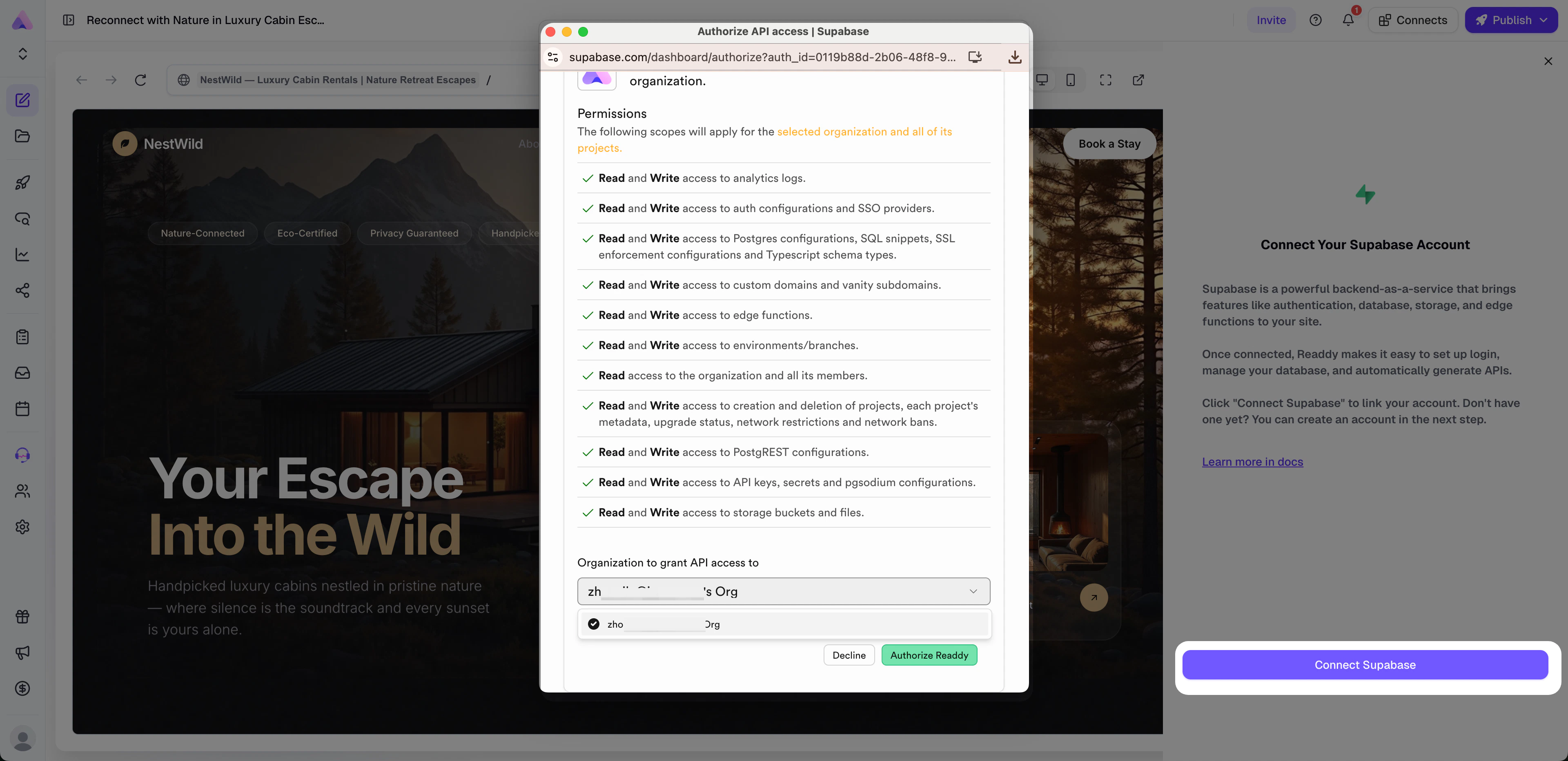 Select an organization and authorize Readdy in Supabase