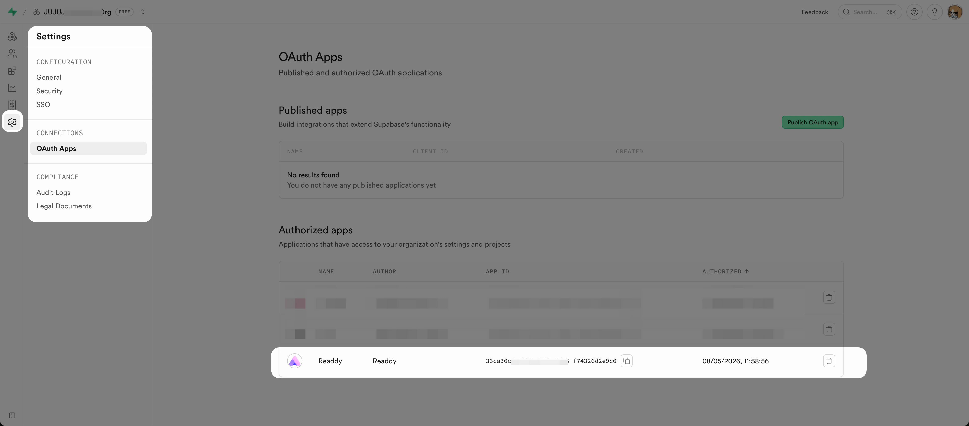 Authorized Readdy app in the Supabase OAuth Apps page