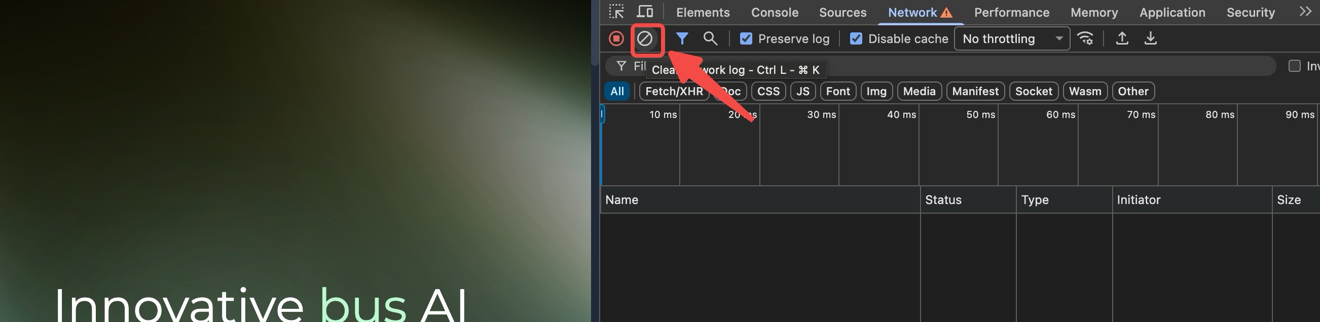 Clear button in the Network panel