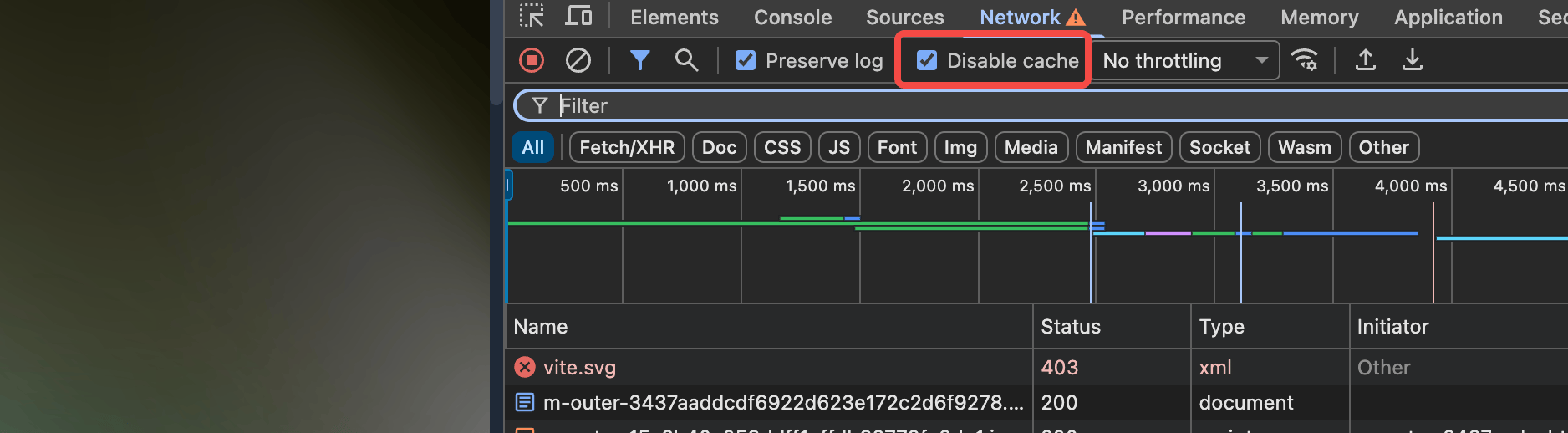 Disable cache option in the Network panel
