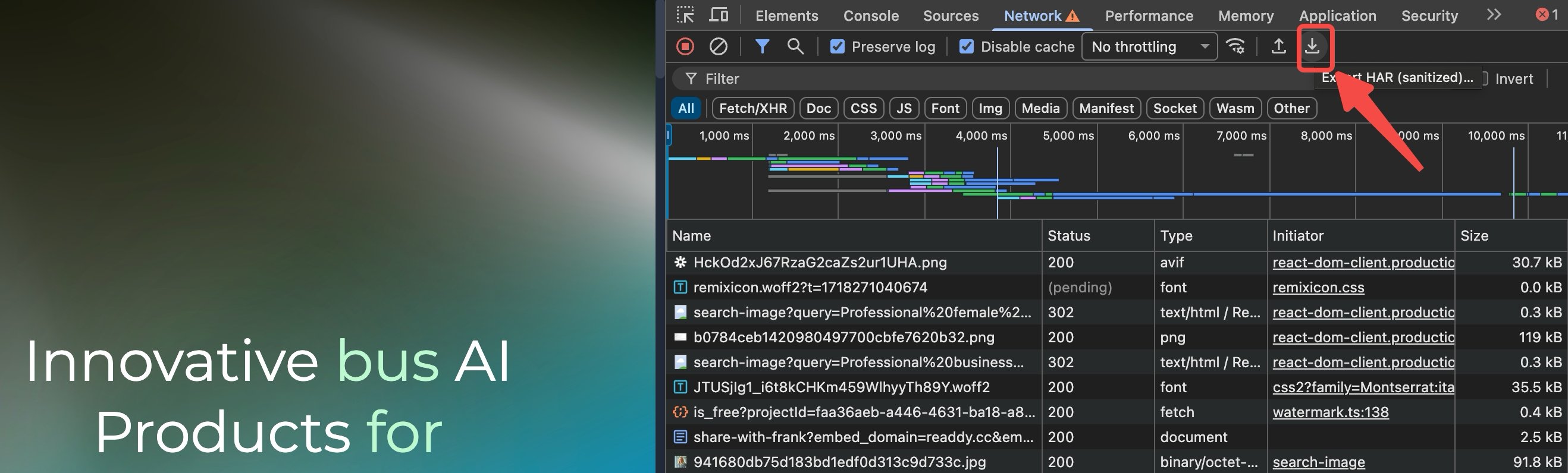Export HAR control in Chrome DevTools