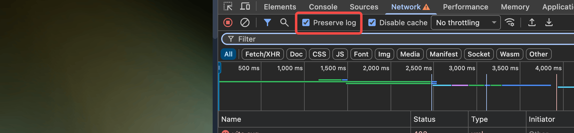 Preserve log option in the Network panel