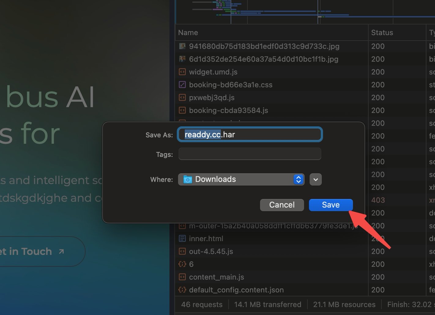 Save dialog for the exported HAR file