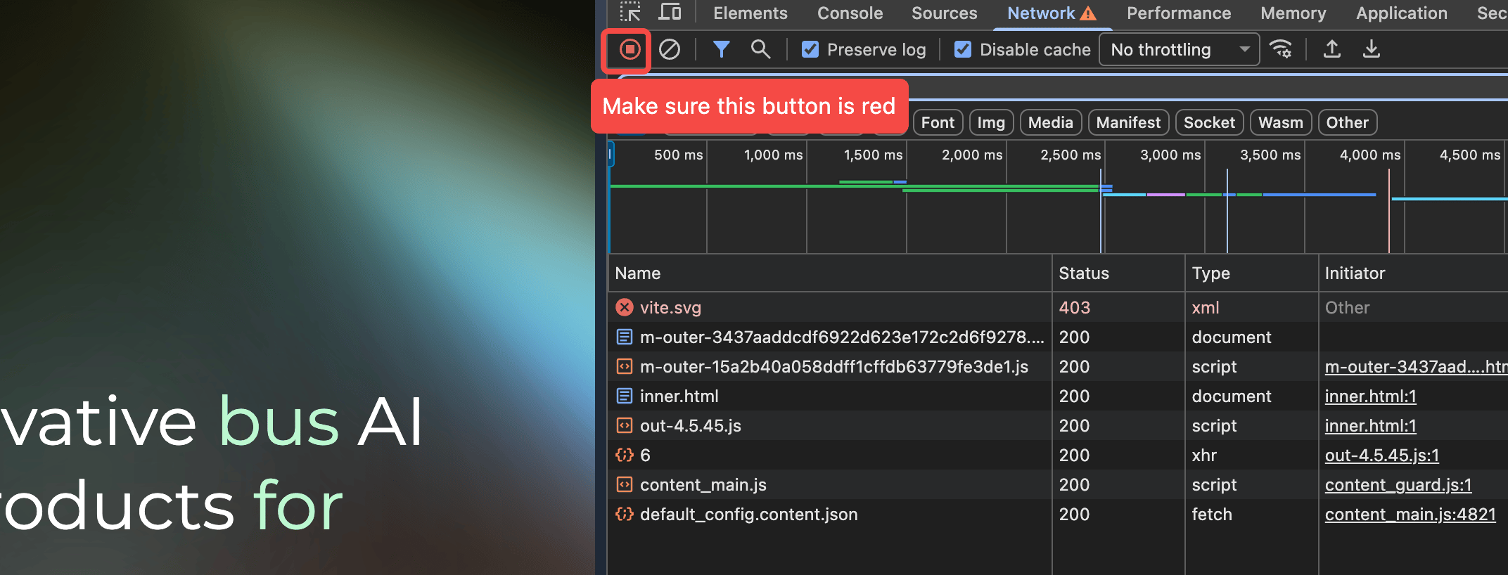 Active network recording control in Chrome DevTools