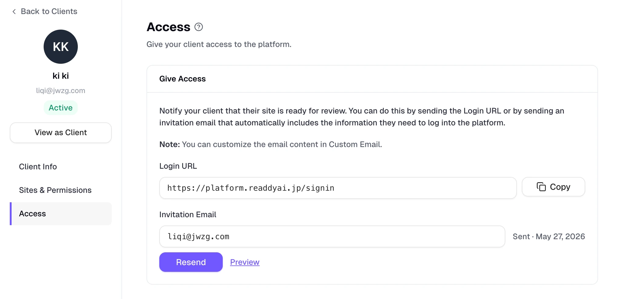 Client Access page showing the login URL, invitation email field, and resend invitation action