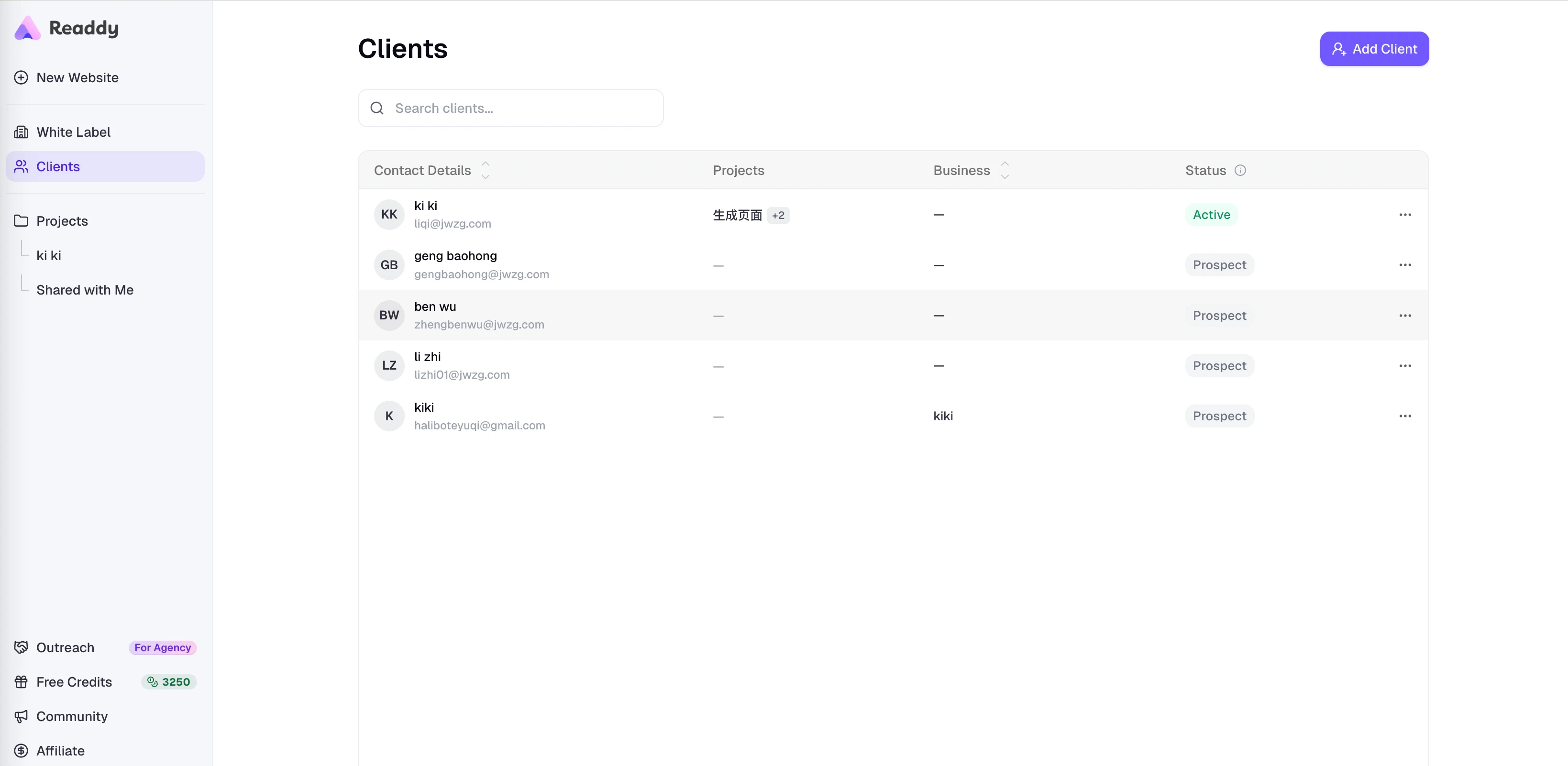 Clients page showing the client list and assigned projects in the workspace