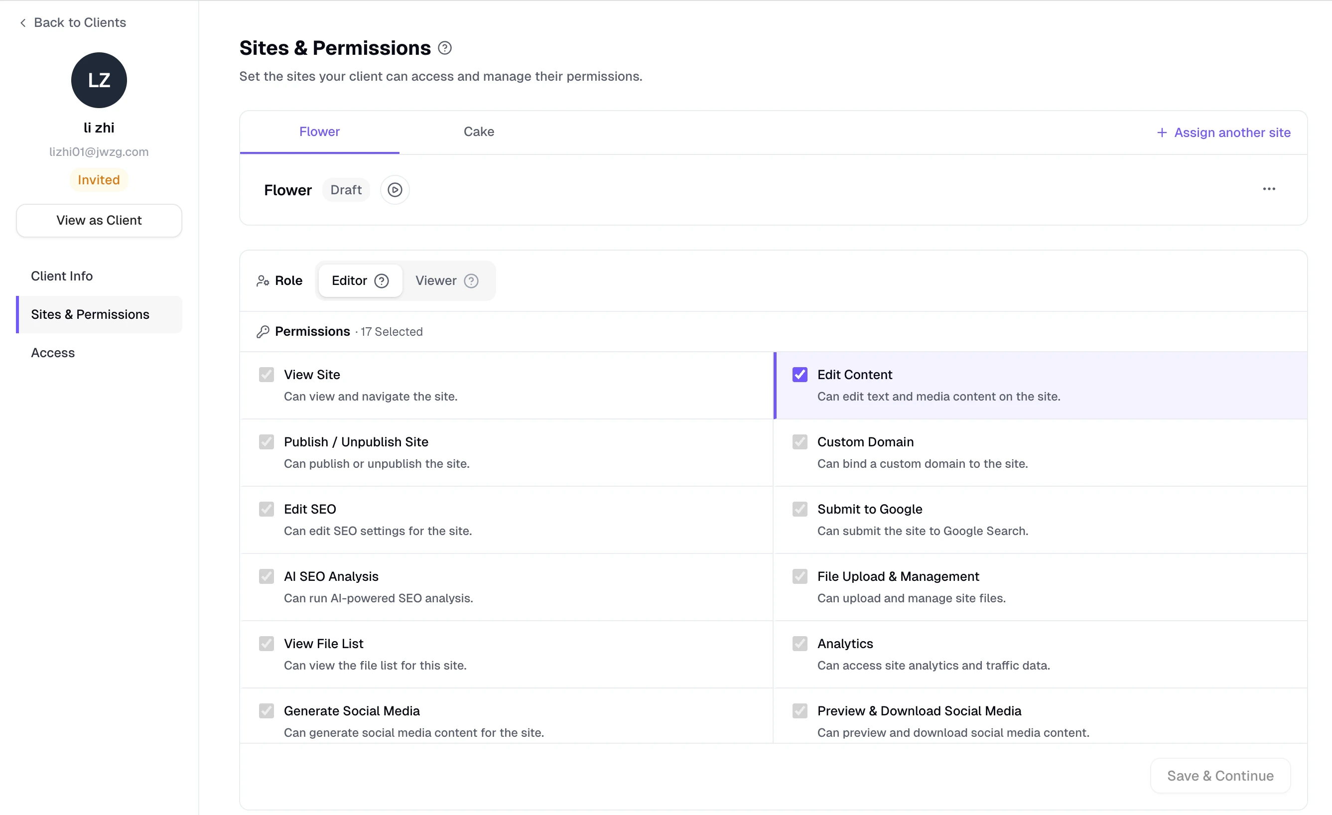 Sites & Permissions page showing assigned sites and client permission settings