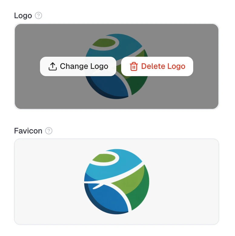 Custom Branding page showing the uploaded logo and favicon