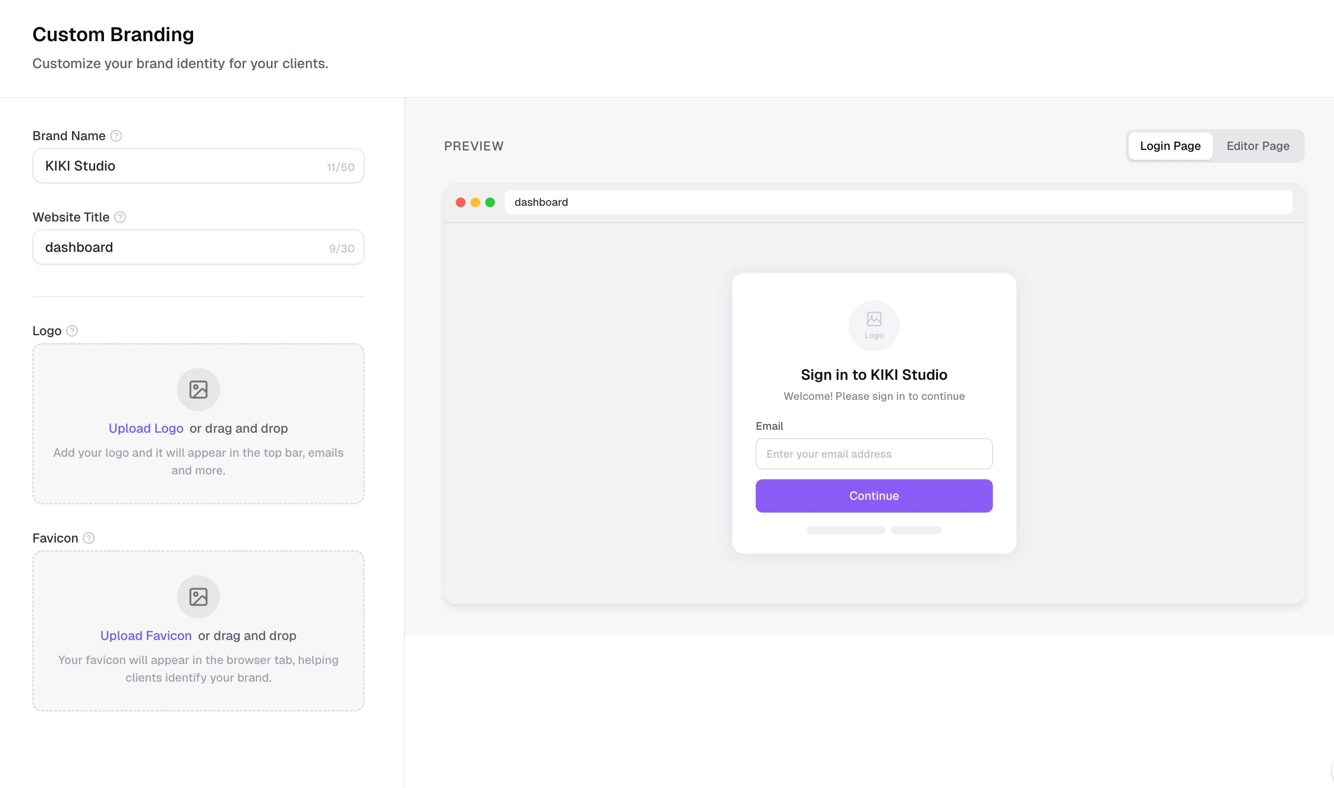Custom Branding page showing the brand name, website title, logo upload, favicon upload, and login preview