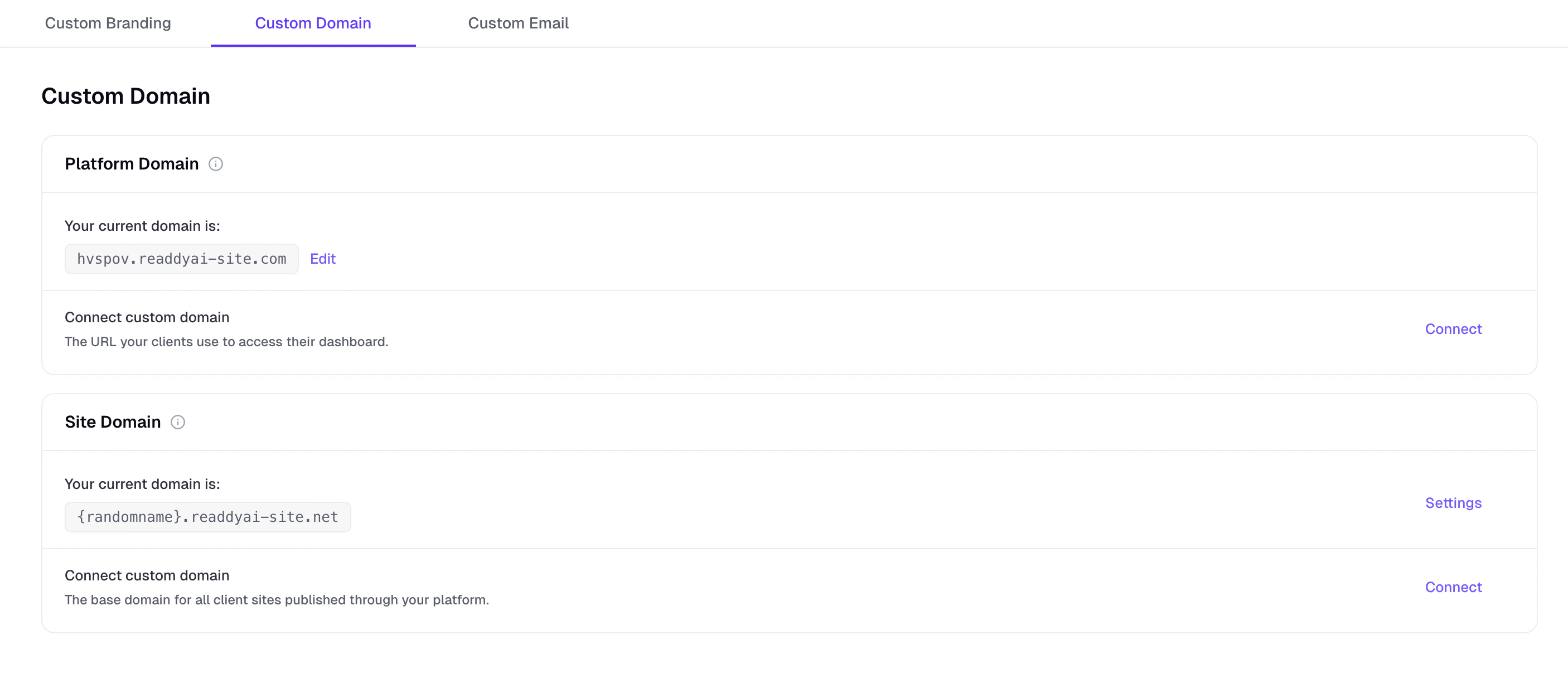 Custom Domain page showing the Platform Domain and Site Domain sections