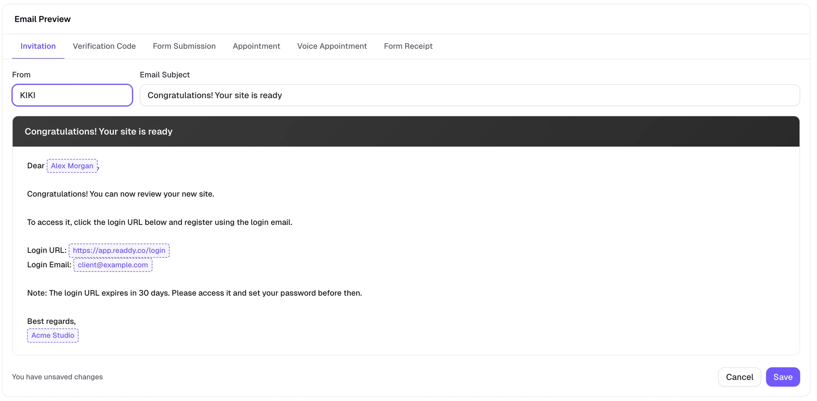 Invitation email preview showing the sender name, subject line, and email content