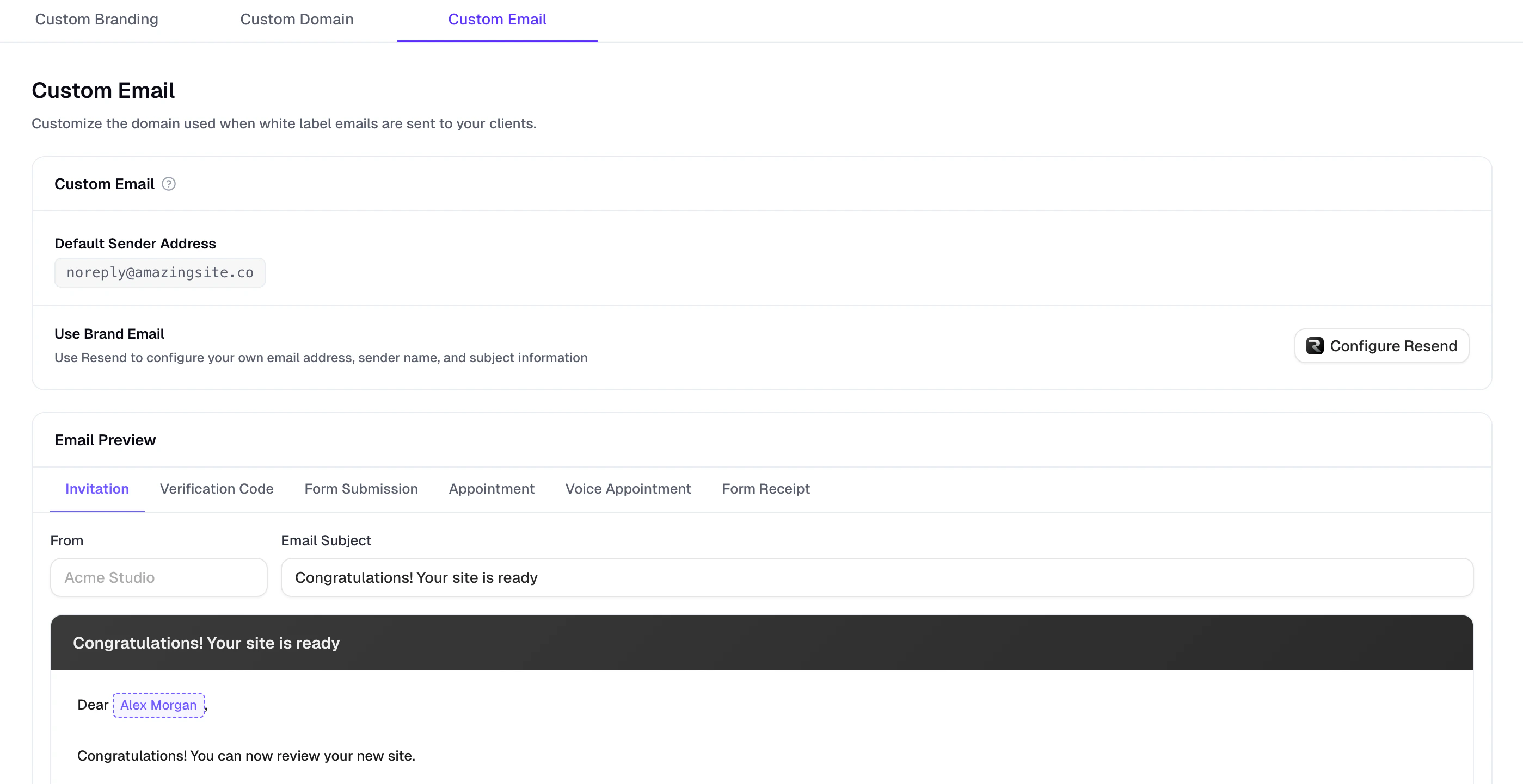 Custom Email page showing the sender settings and email preview tabs