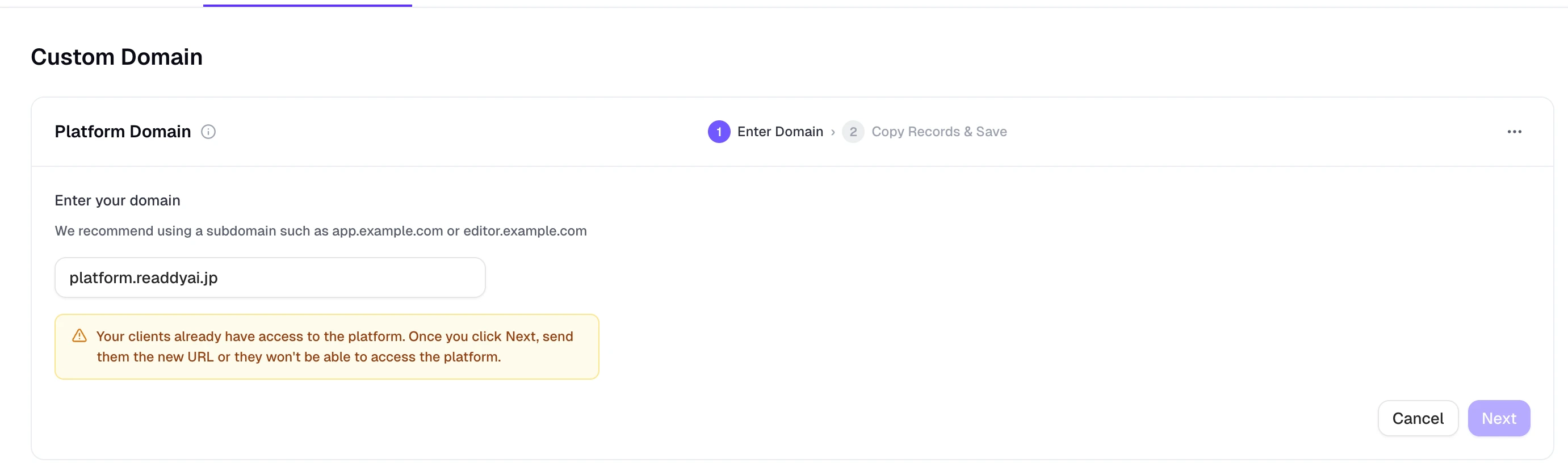 Platform Domain setup with a custom domain field and a warning to share the new login URL with clients