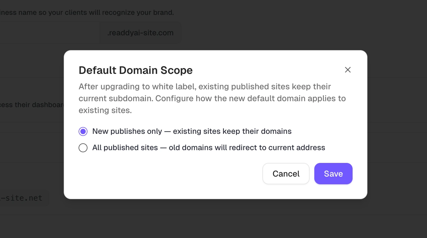 Default Domain Scope dialog showing options for new publishes only or all published sites