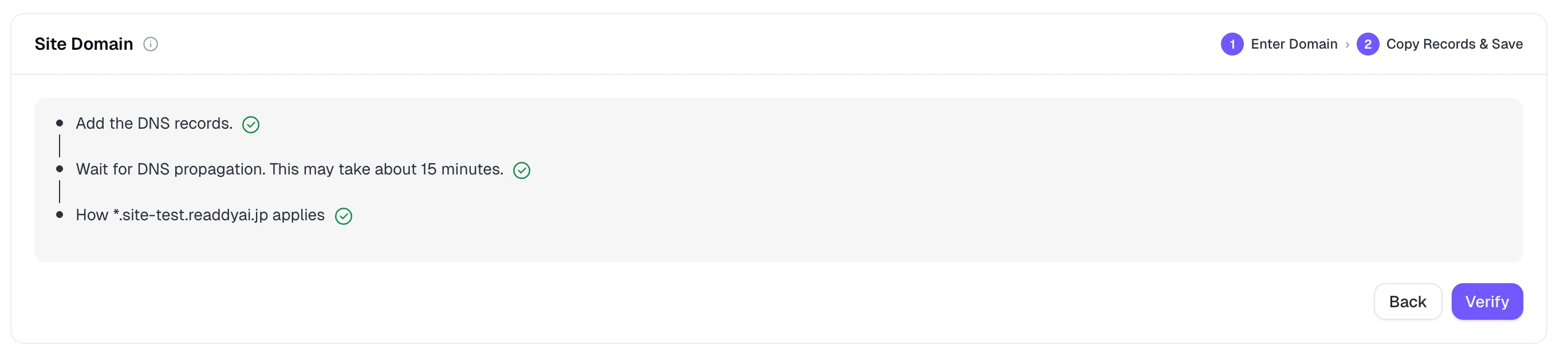 Site Domain verification step showing completed DNS checks and a Verify button