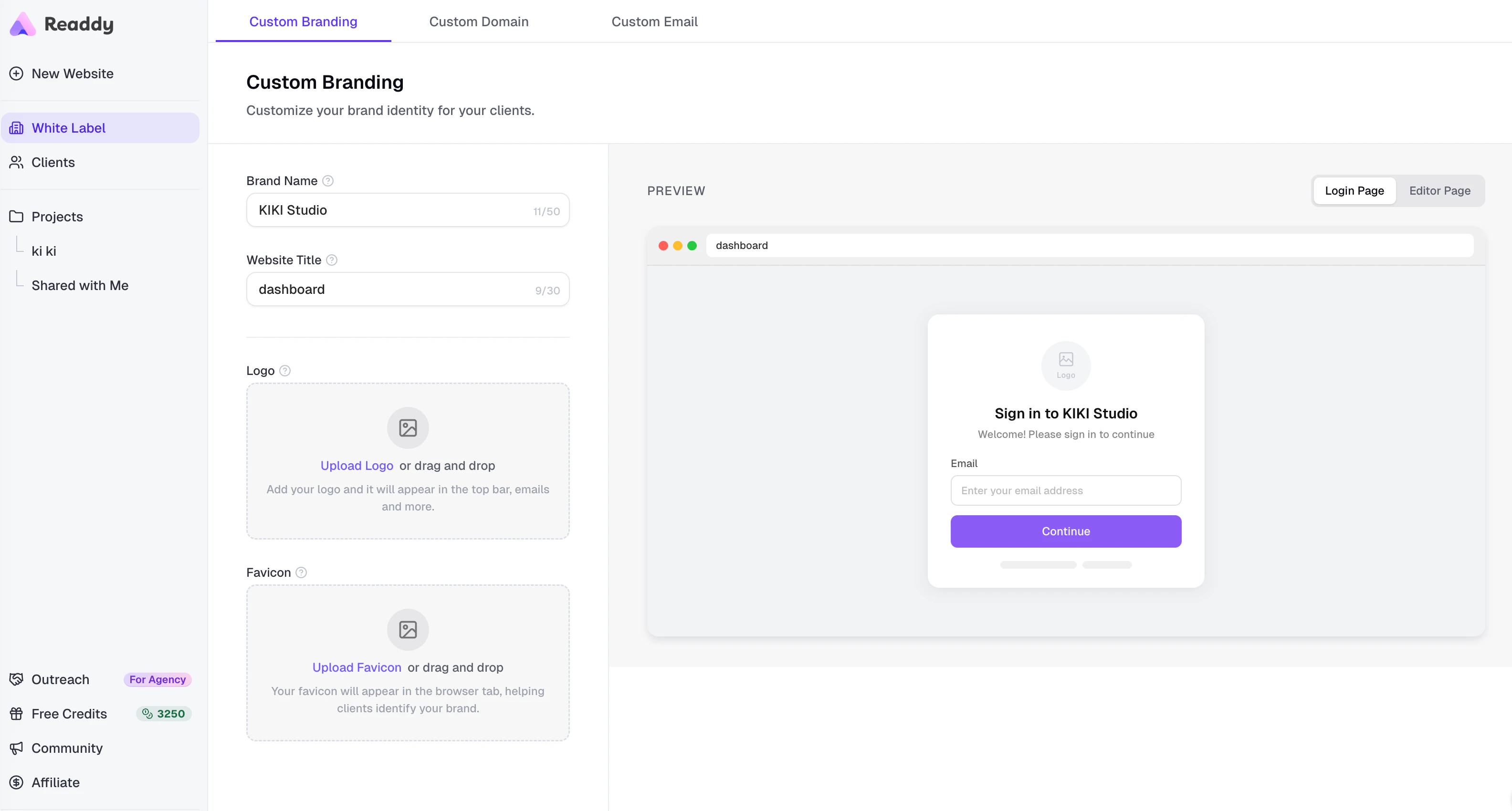 White Label workspace page showing the Custom Branding tab inside the Readdy sidebar layout
