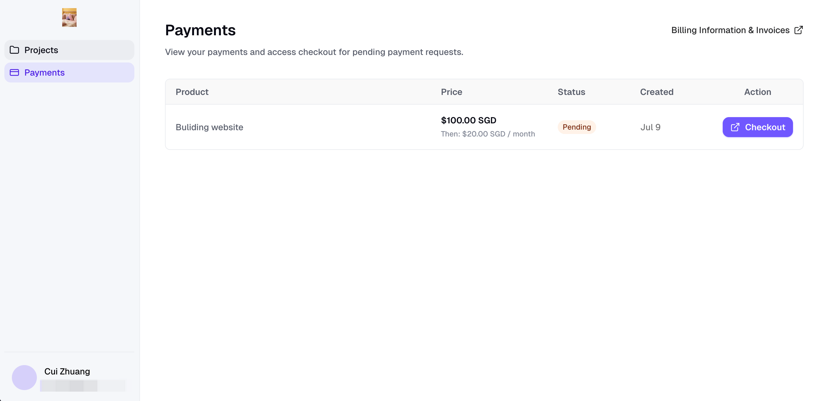 Client Portal Payments page showing a pending request with the Checkout button