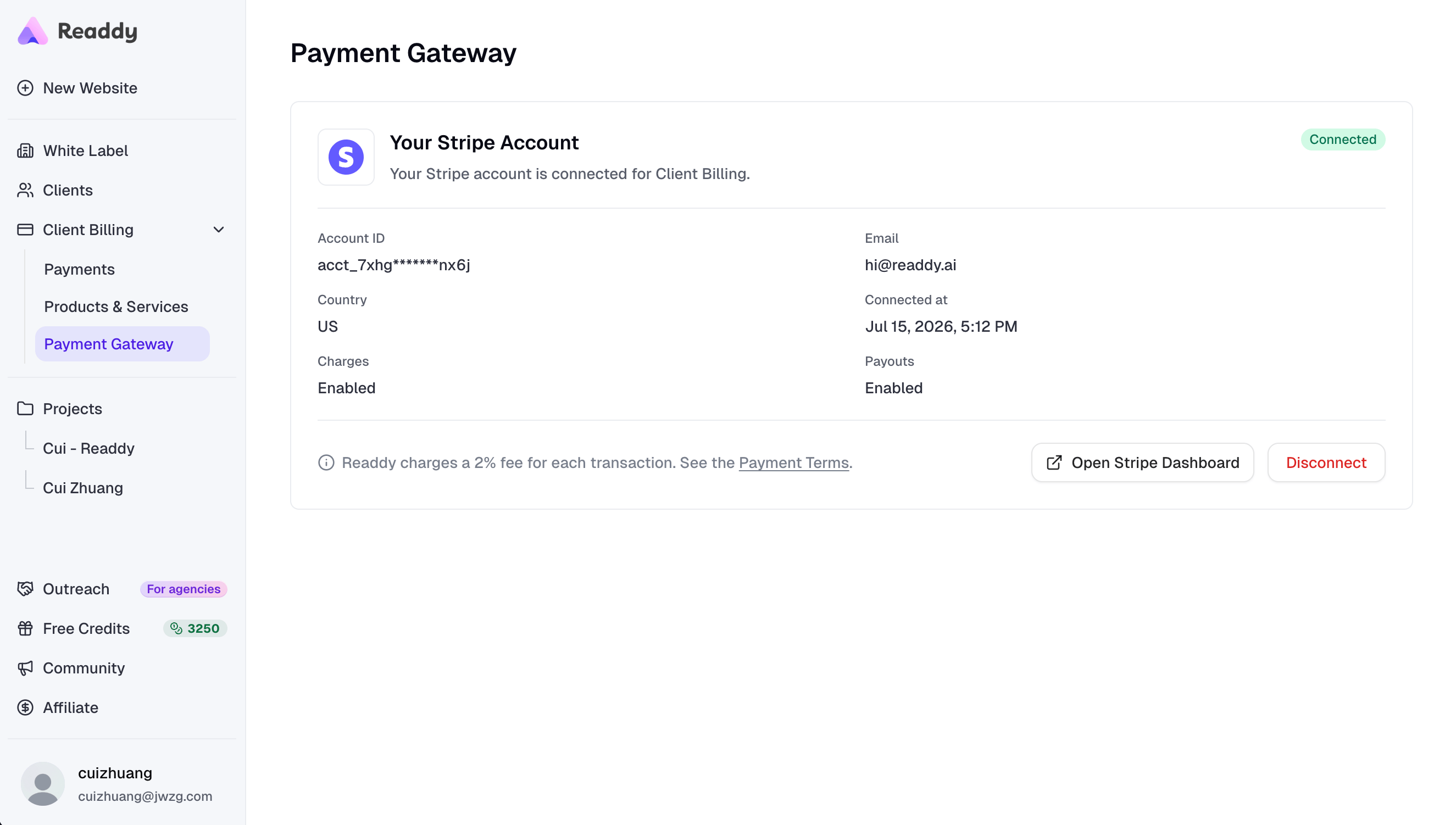 Payment Gateway page showing a connected Stripe account with charges and payouts enabled