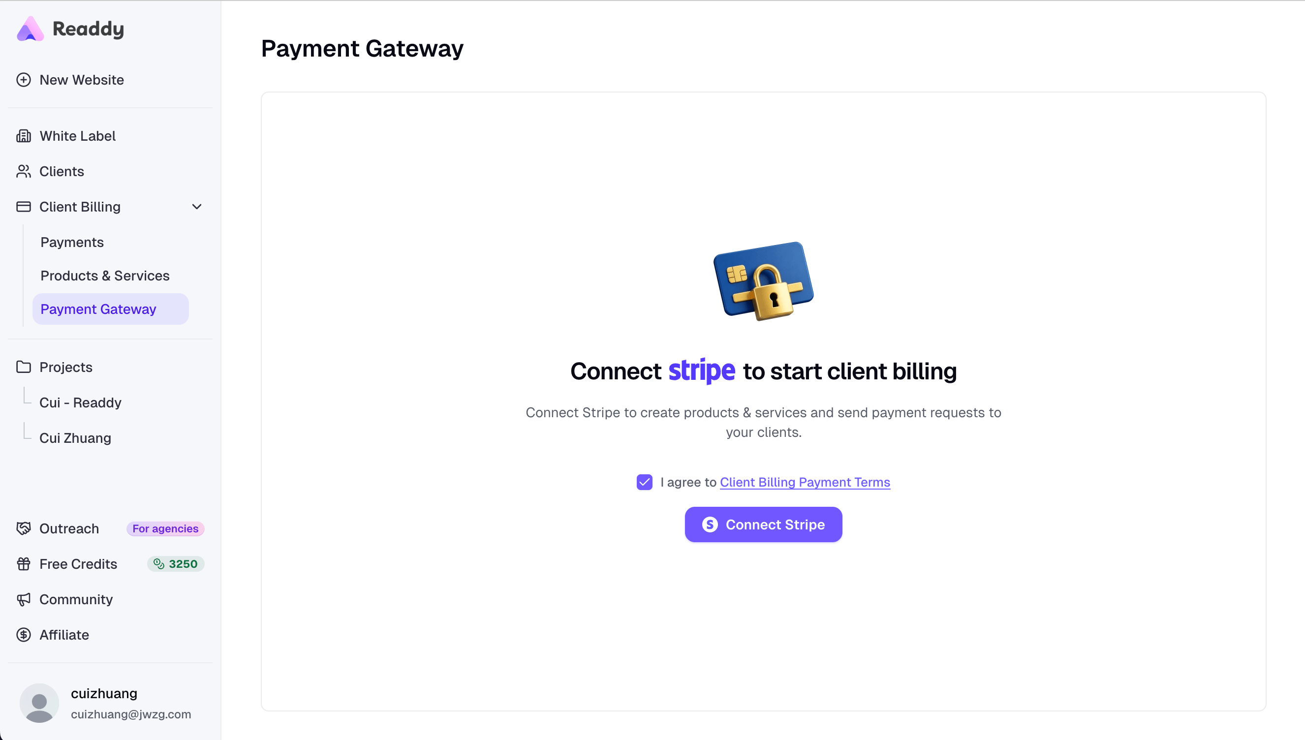 Payment Gateway page showing the terms checkbox and Connect Stripe button