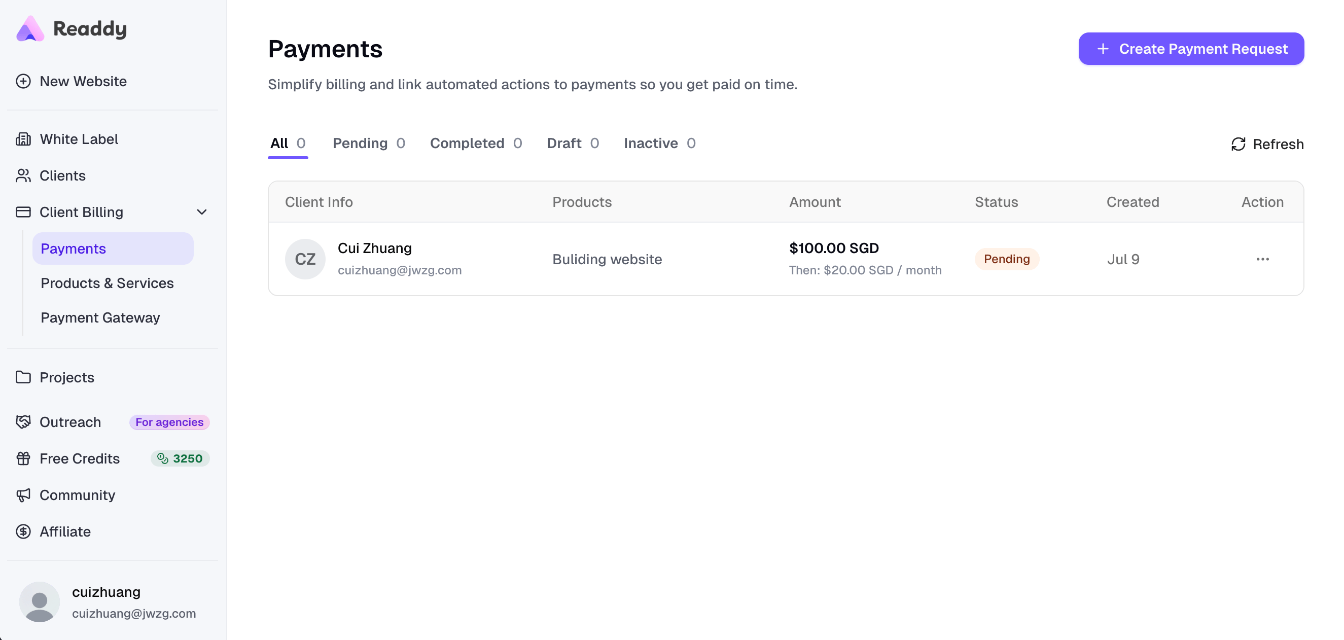 Payments list showing a pending payment request for a client