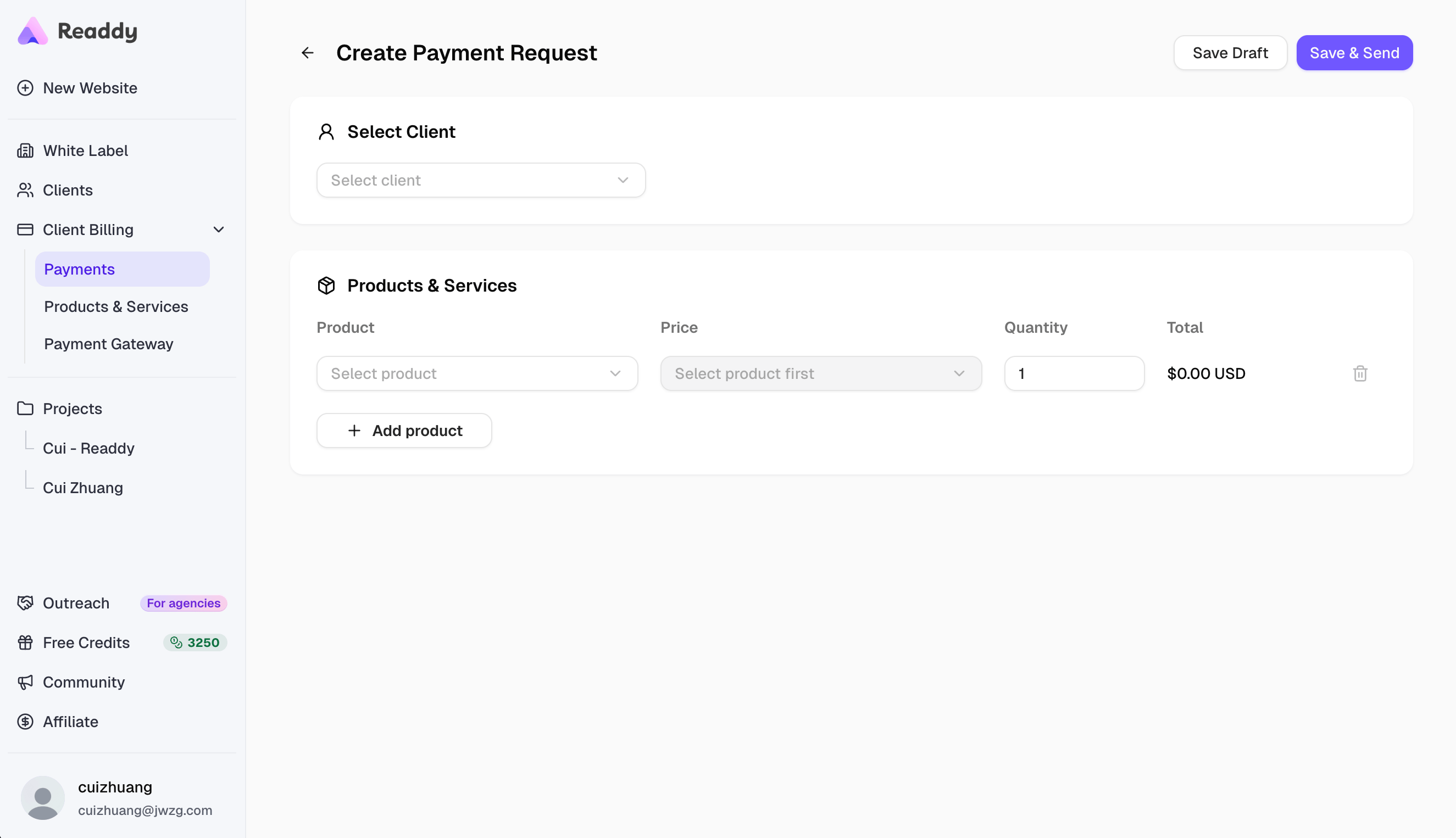 Create Payment Request page showing client selection, product rows, and Save and Send action