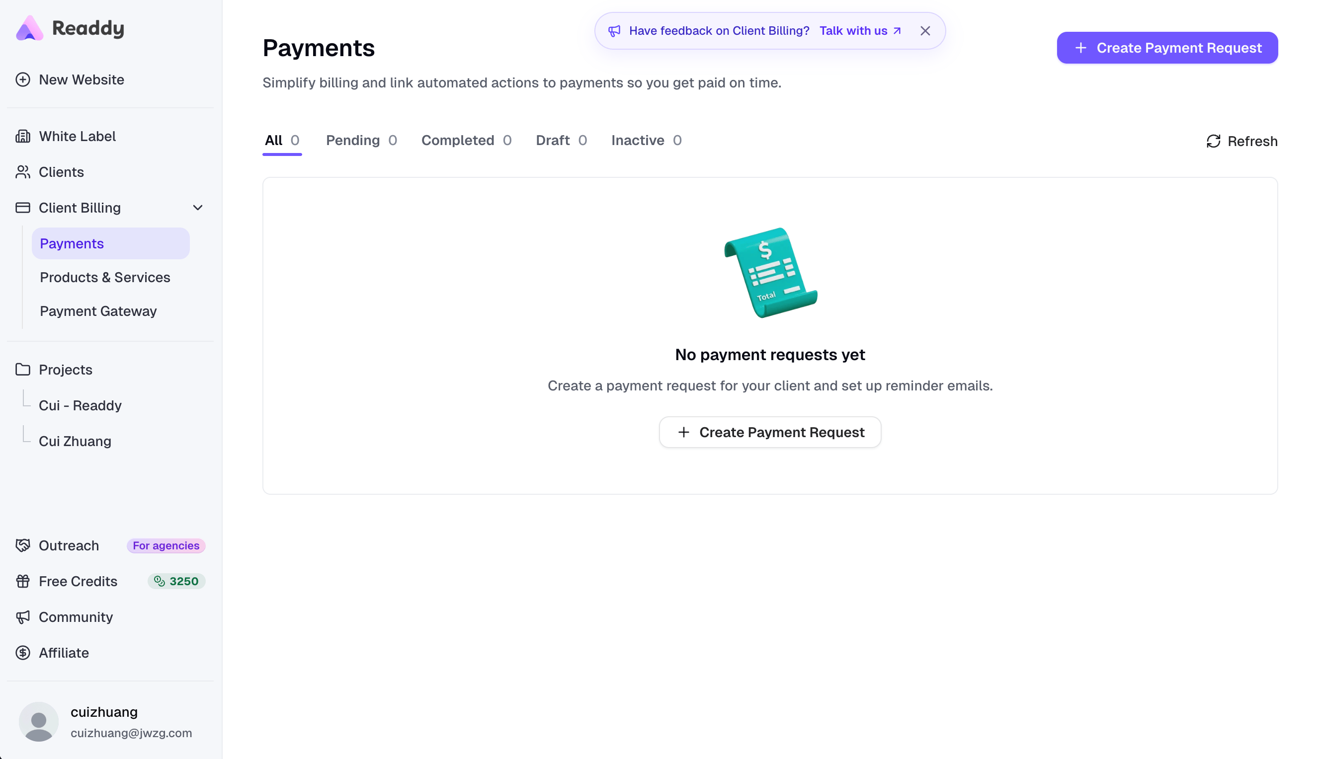 Payments page showing the empty payment request list and Create Payment Request button